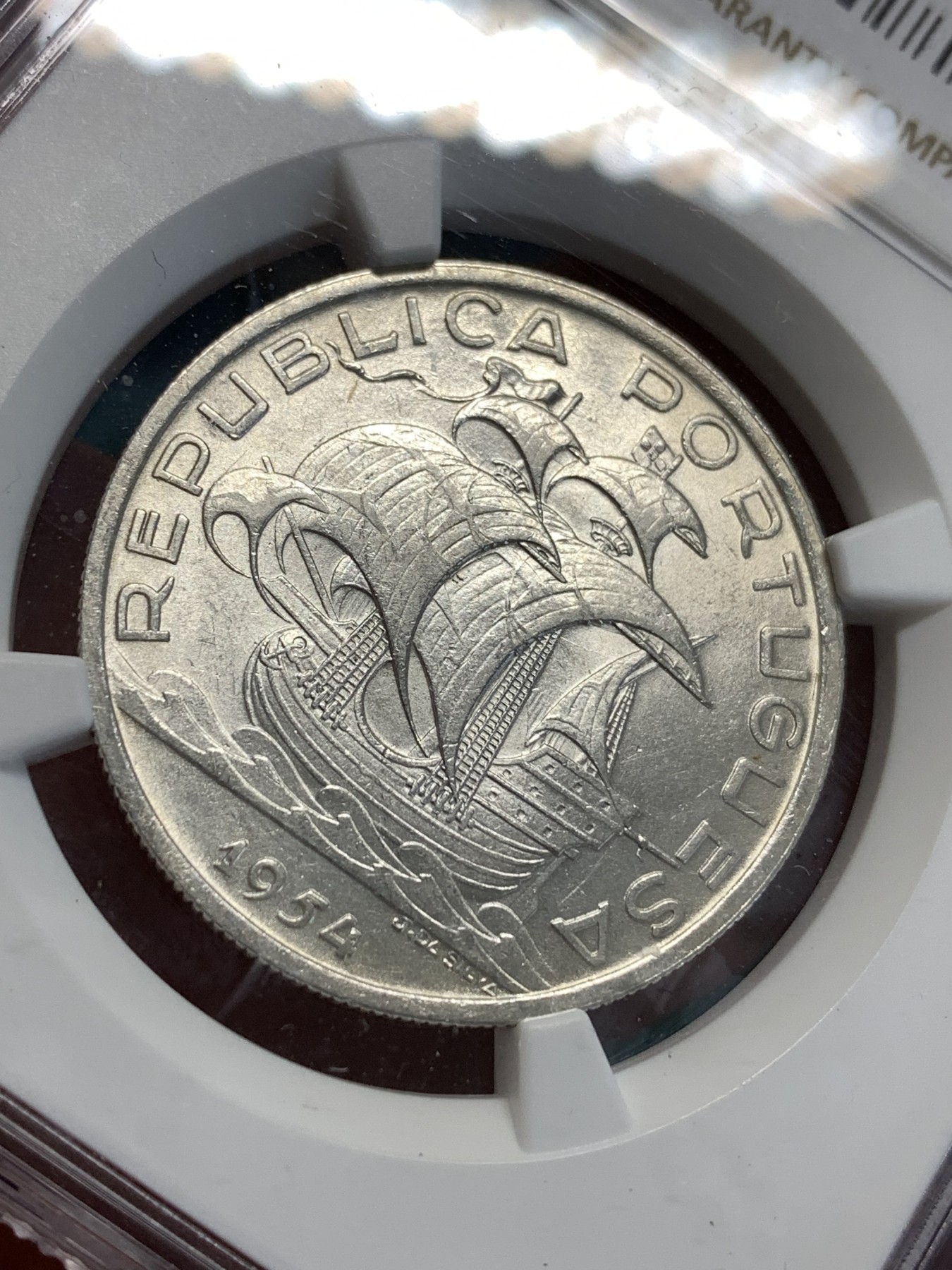 《竞宝斋》第187场-周日，周一 2场 (全场包邮) NGC-MS63 葡萄牙1954年 大帆船10埃斯库多银币