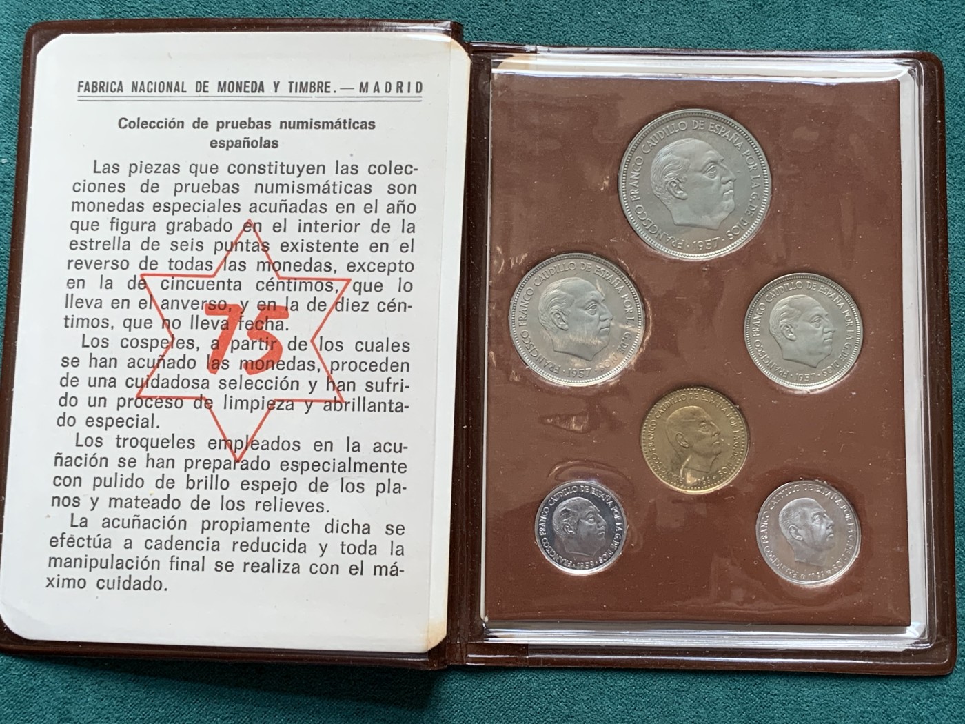 《竞宝斋》第187场-周日，周一 2场 (全场包邮) 本装 西班牙1957 *72年 佛朗哥六枚套 精制币 较少的年份