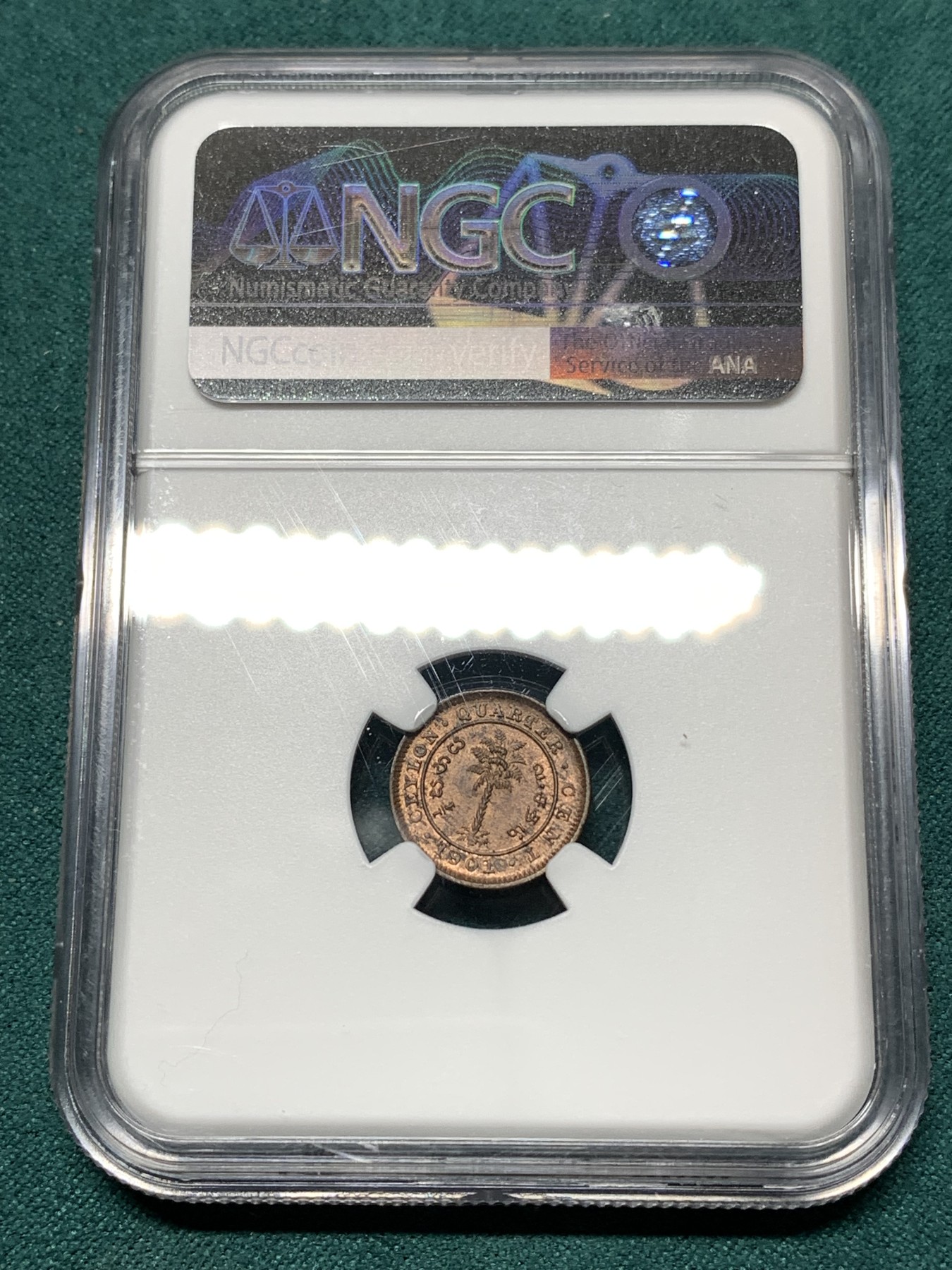 《竞宝斋》第187场-周日，周一 2场 (全场包邮) NGC MS64BN 锡兰1901年维多利亚女王头像1/4分铜币