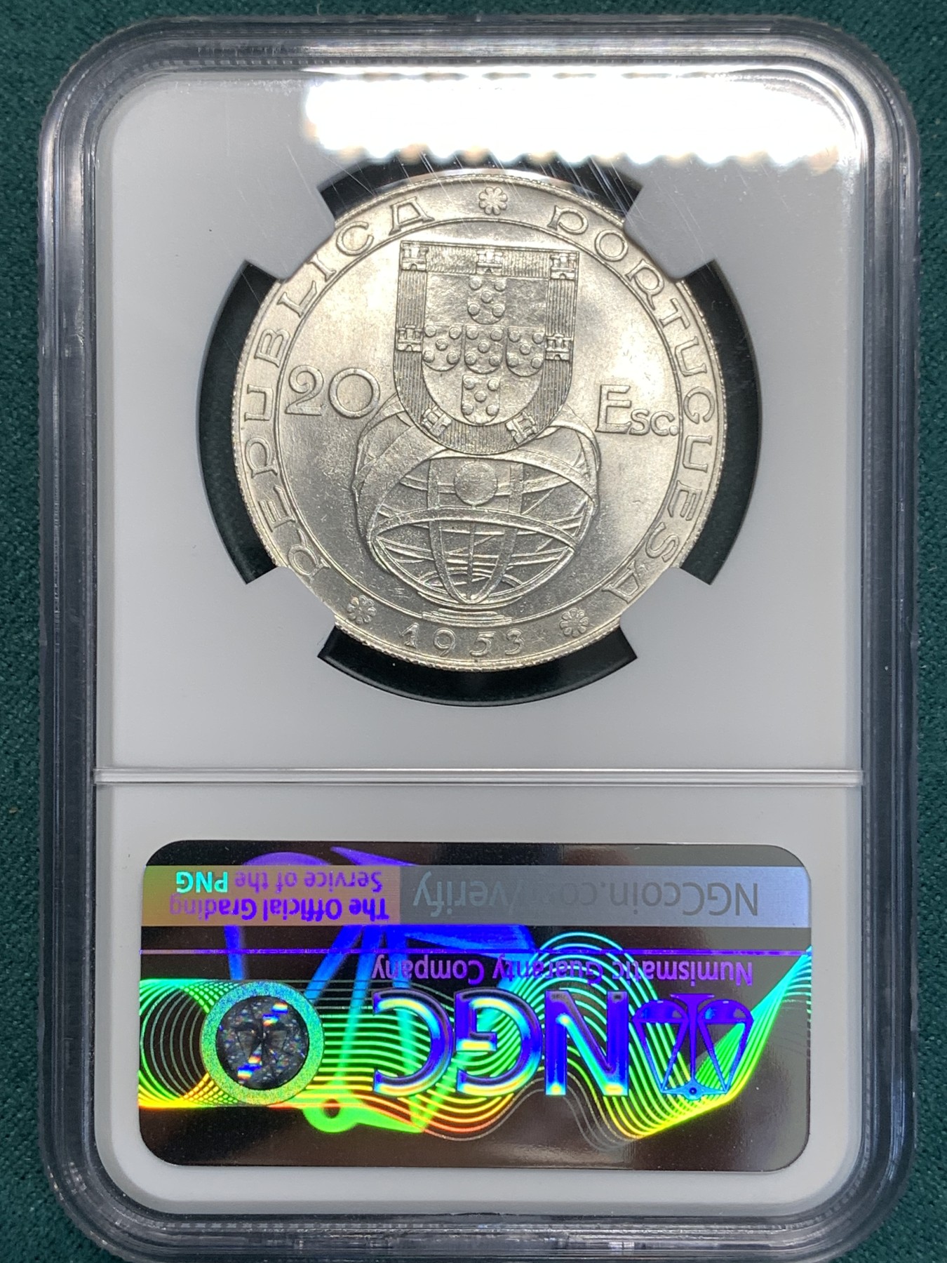 《竞宝斋》第187场-周日，周一 2场 (全场包邮) NGC MS64 葡萄牙1953年金融改革制度25周年20埃斯库多大银币 高分好品