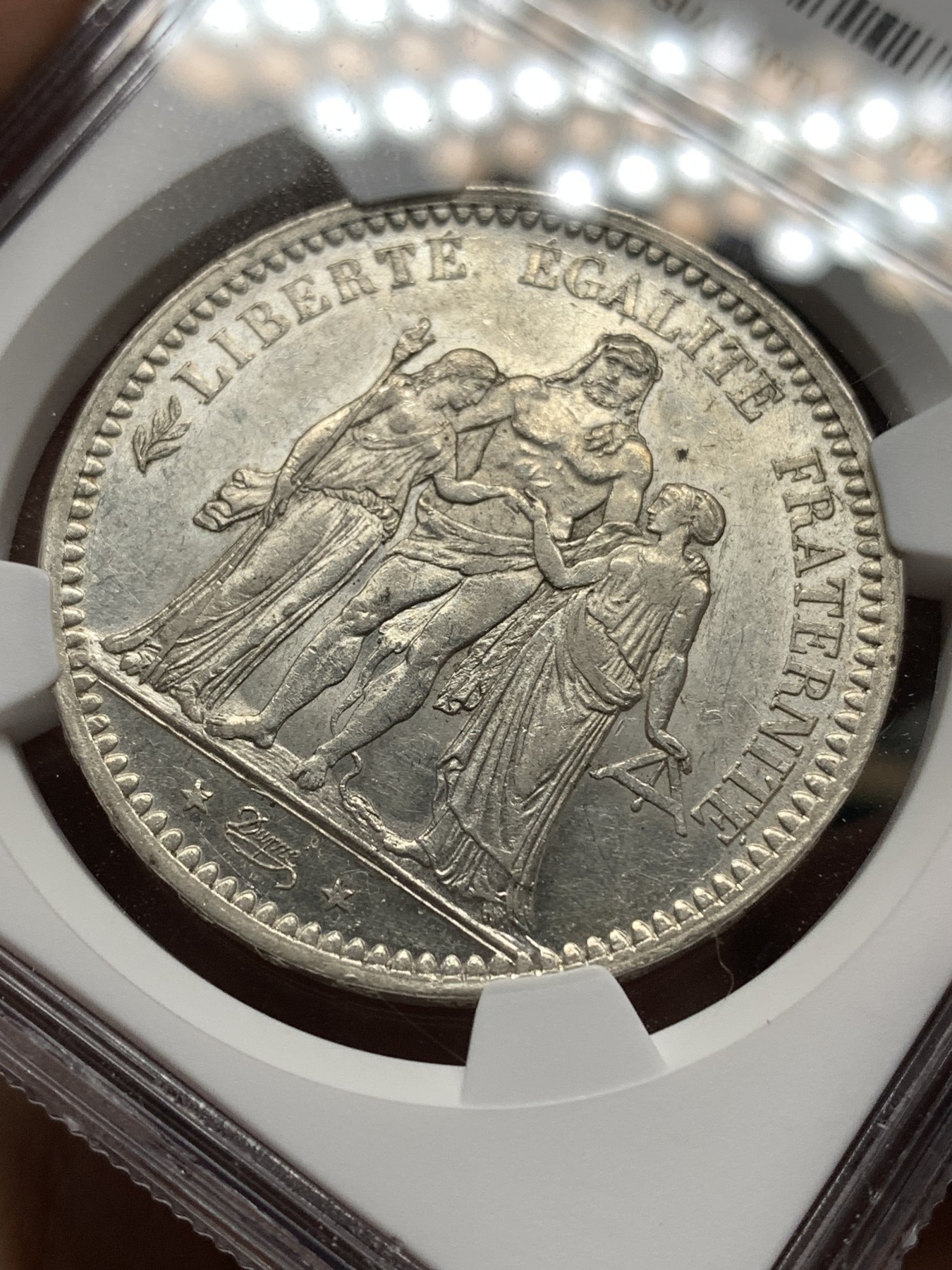 《竞宝斋》第187场-周日，周一 2场 (全场包邮) NGC-AU58 法国 1873年 大力神5法郎银币