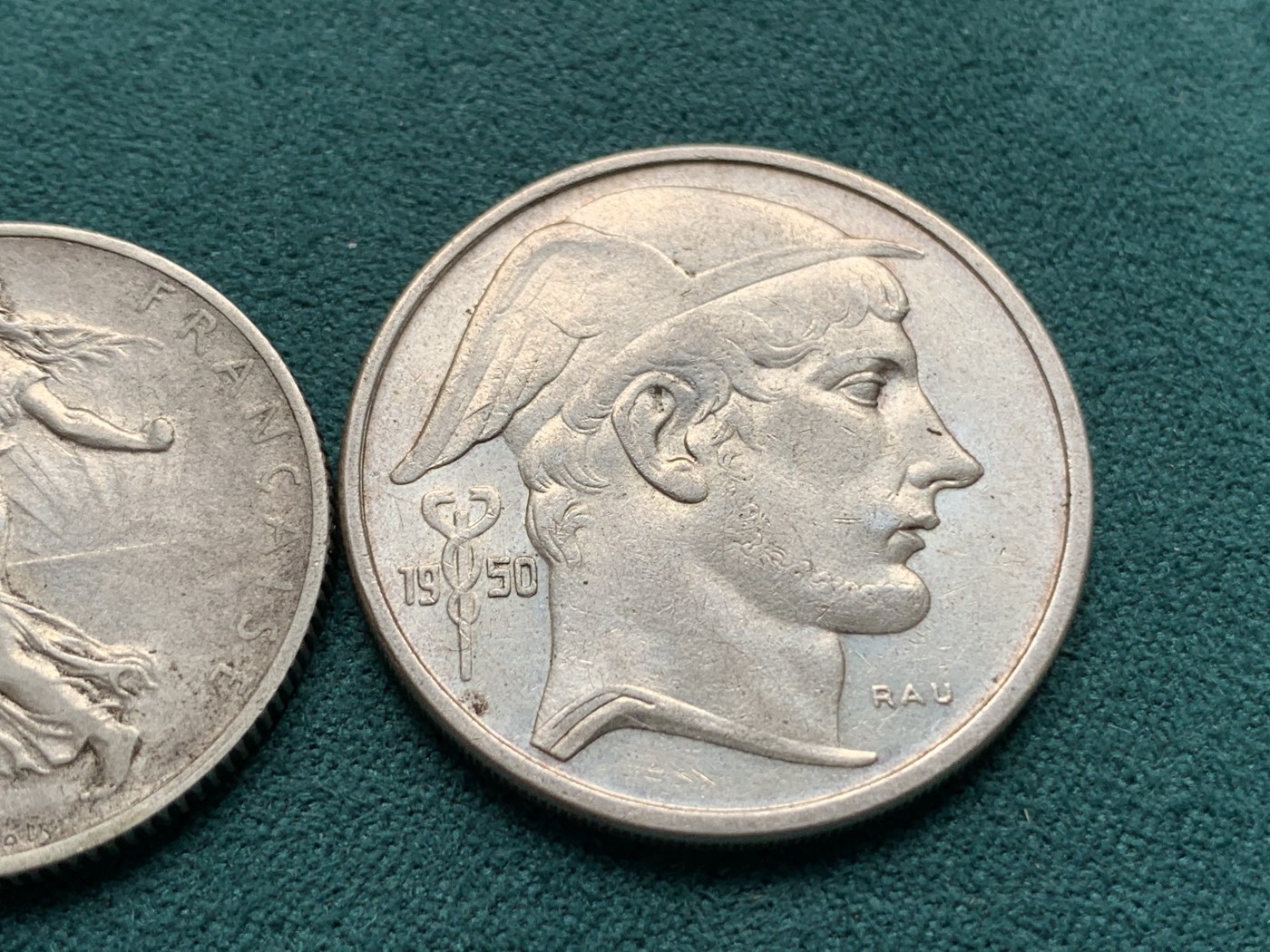 《竞宝斋》第187场-周日，周一 2场 (全场包邮) 两枚一组 比利时1950年50法郎+法国1916年2法郎银币