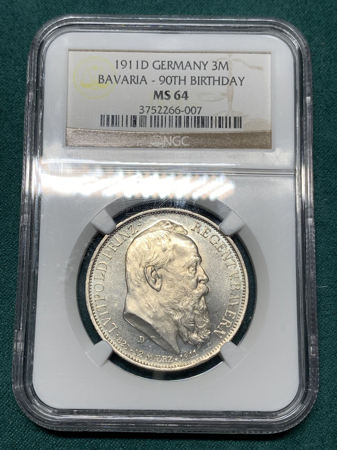 《竞宝斋》第187场-周日，周一 2场 (全场包邮) NGC MS64 德国巴伐利亚1911年3马克利奥波德90大寿纪念银币