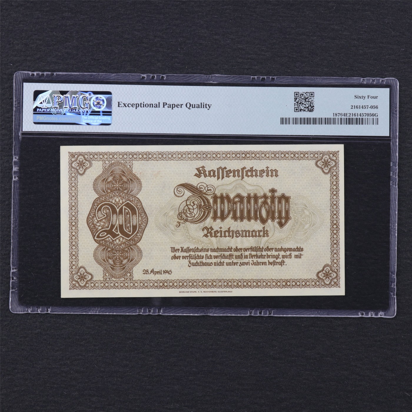 【亘邦集藏】第166期拍卖 1945年 德国20Reichsmark PMG 64EPQ 029021