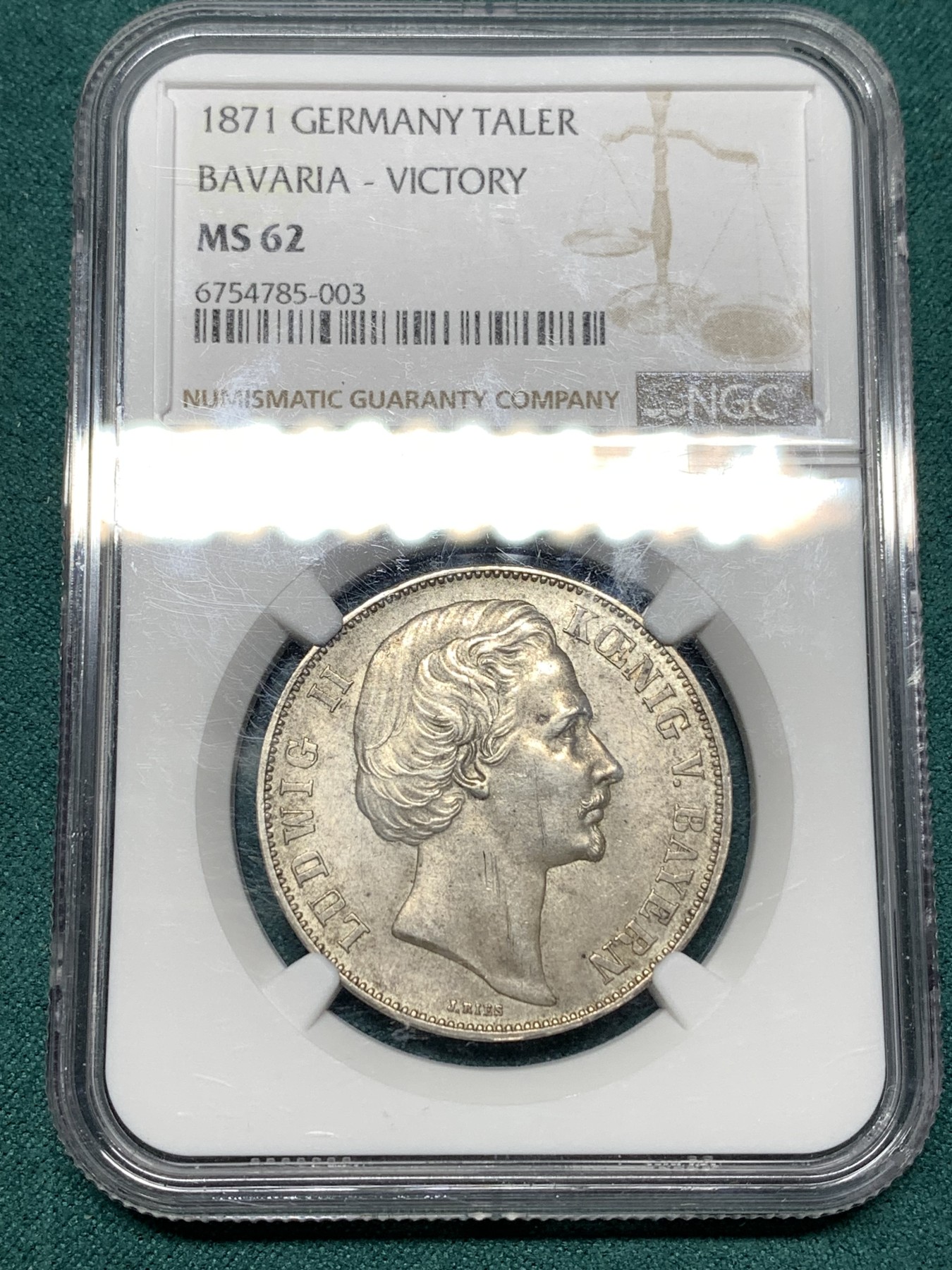 《竞宝斋》第187场-周日，周一 2场 (全场包邮) NGC-MS62 德国1871巴伐利亚 胜利泰勒银币 表面淡灰色包浆 原光好品