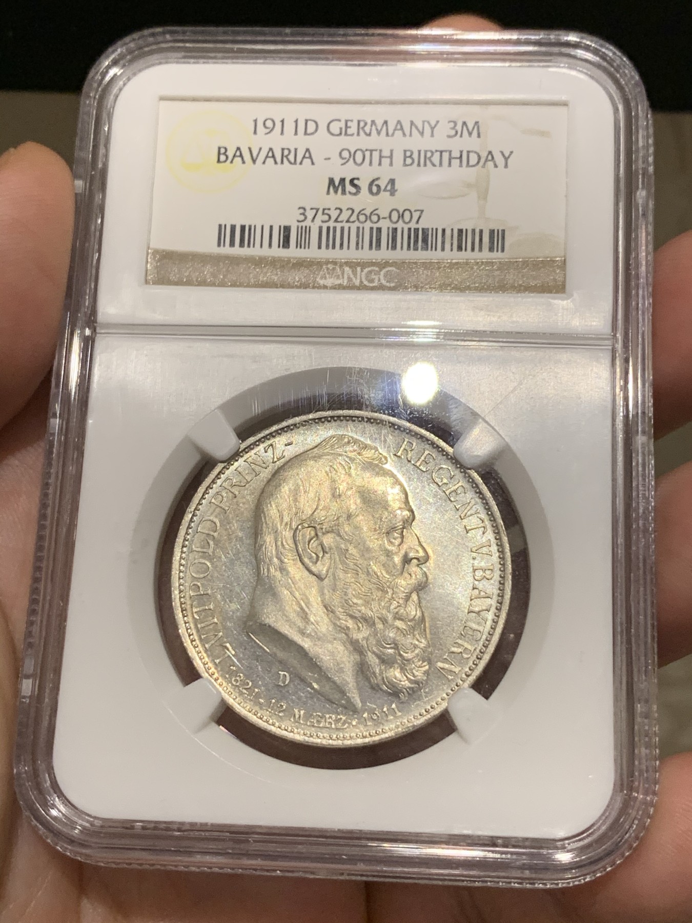 《竞宝斋》第187场-周日，周一 2场 (全场包邮) NGC MS64 德国巴伐利亚1911年3马克利奥波德90大寿纪念银币