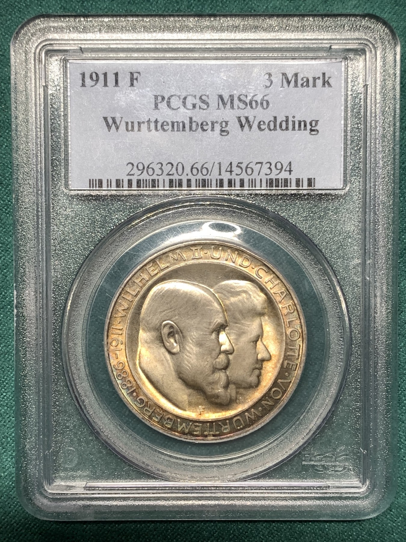 《竞宝斋》第187场-周日，周一 2场 (全场包邮) PCGS-MS66 德意志符腾堡1911F厂  国王王后金婚纪念3马克银币 顶级分数收藏级 金光底板周圈五彩