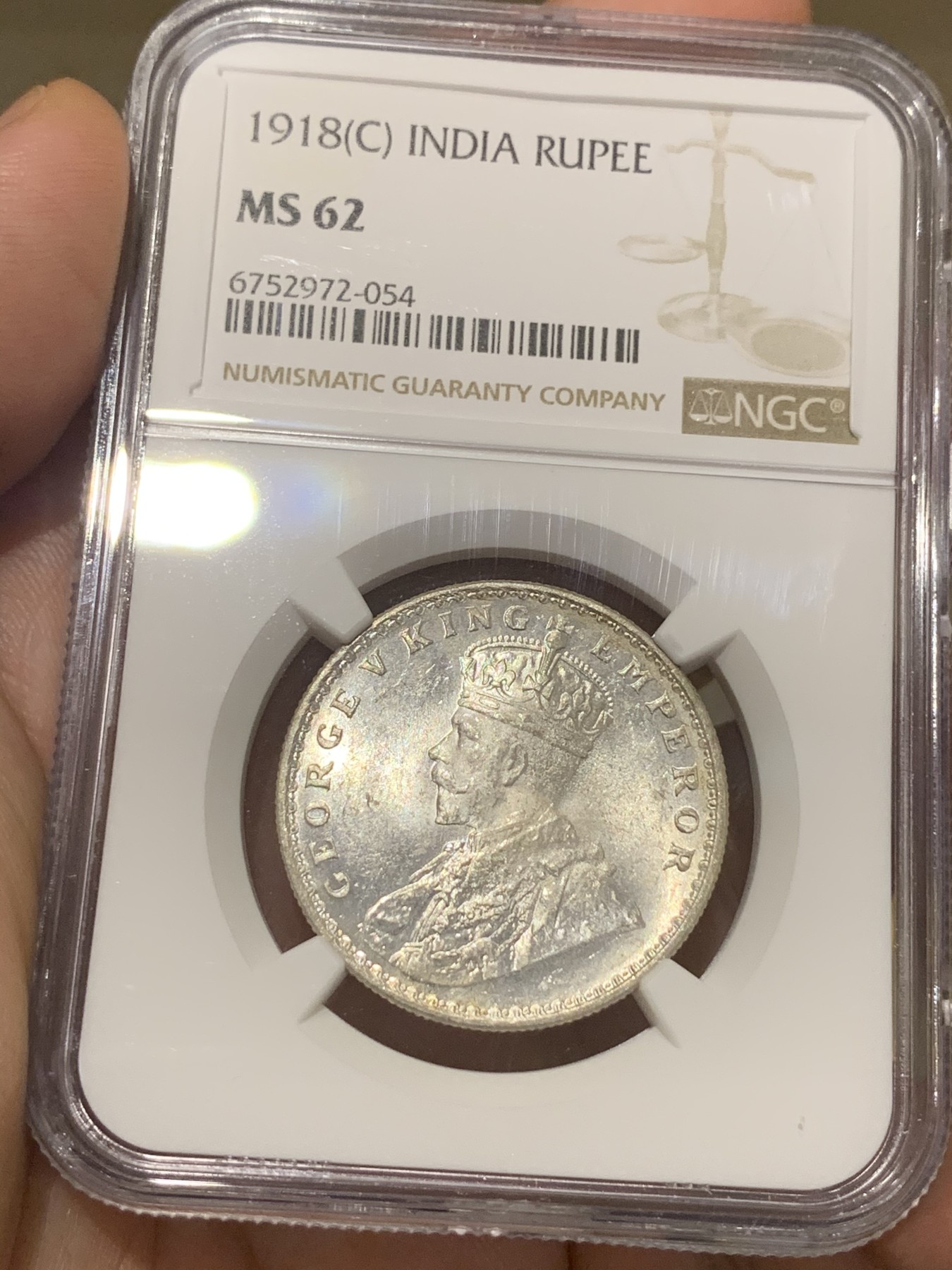 《竞宝斋》第187场-周日，周一 2场 (全场包邮) NGC MS62 印度乔五1918C 1卢比银币