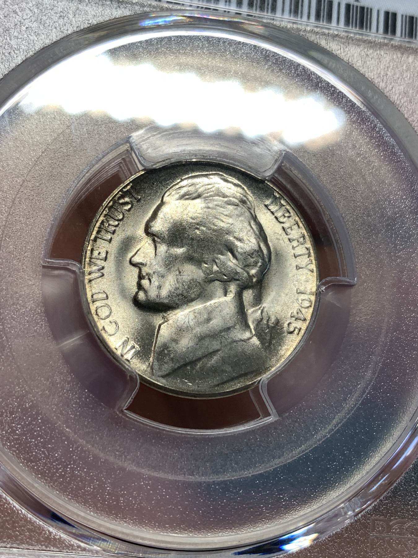 《竞宝斋》第187场-周日，周一 2场 (全场包邮) PCGS-MS65 美国 杰弗逊 1945年 战时5美分 低银版（仅1942-1945年含银，其余皆为镍币）