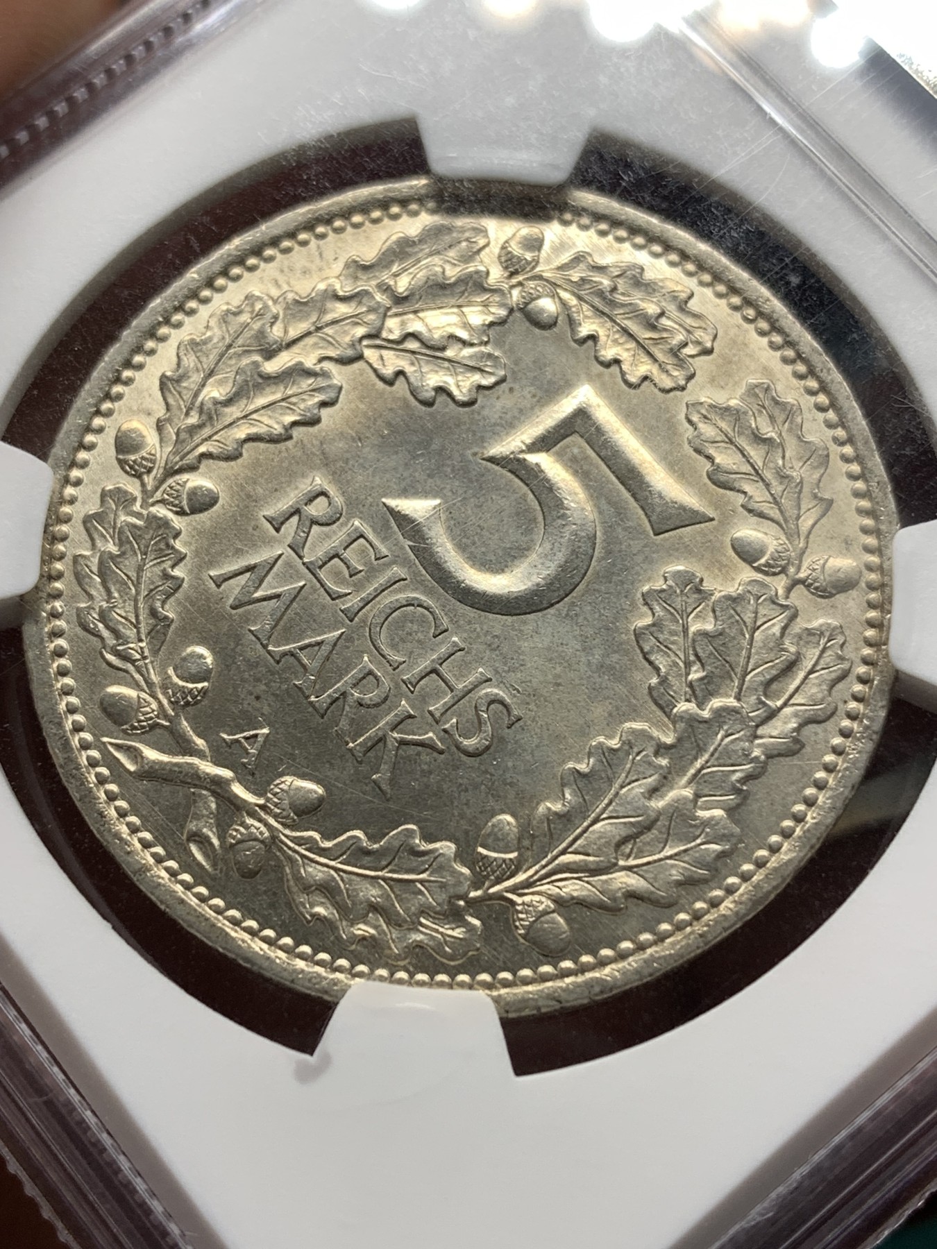 《竞宝斋》第187场-周日，周一 2场 (全场包邮) NGC-MS62  德意志1925A 莱茵联盟千年5马克银币 锁子甲武士持盾牌 细节清晰 淡金色包浆