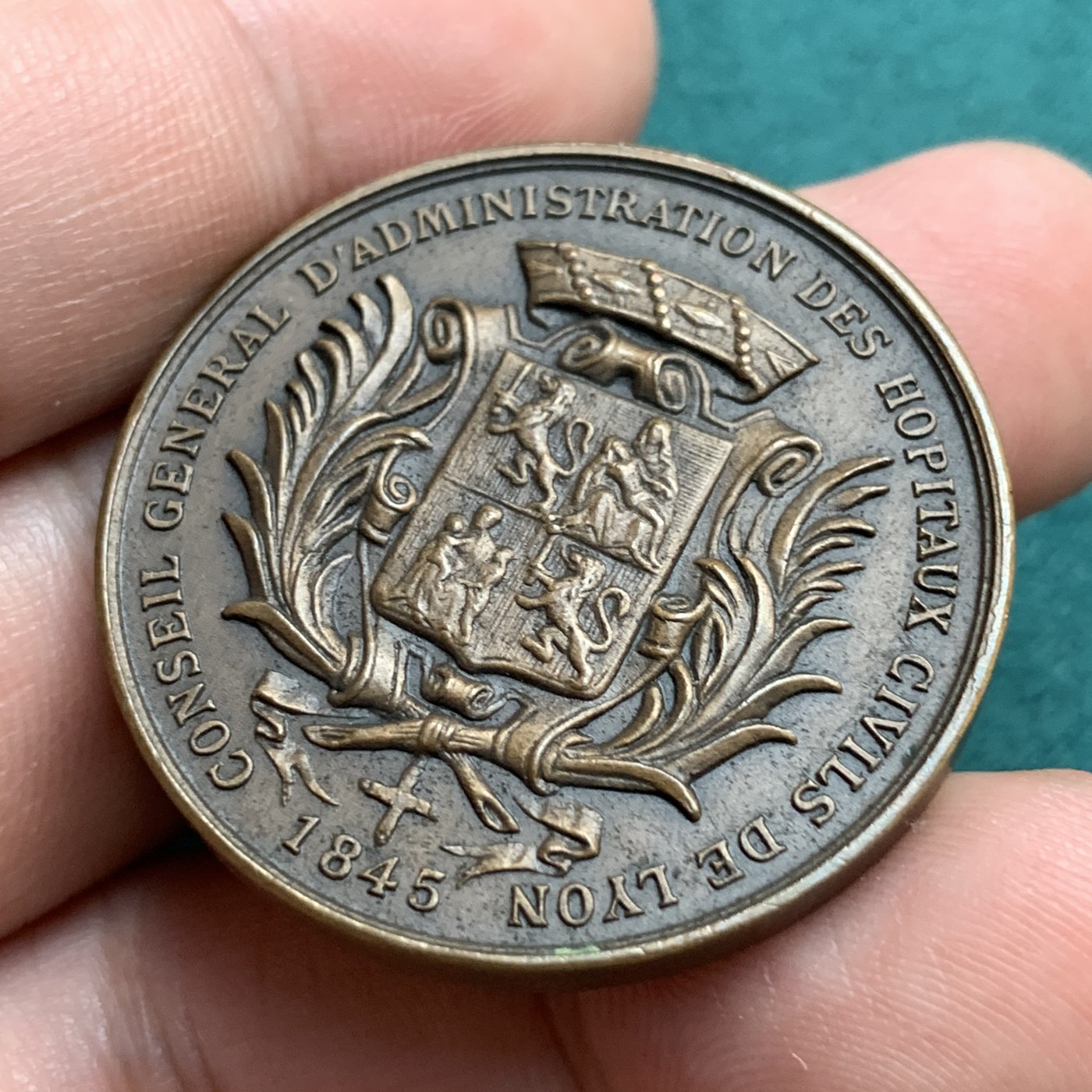 《竞宝斋》第187场-周日，周一 2场 (全场包邮) 1845年 法国 里昂医院授予铜质奖章 34.9mm 23.5克