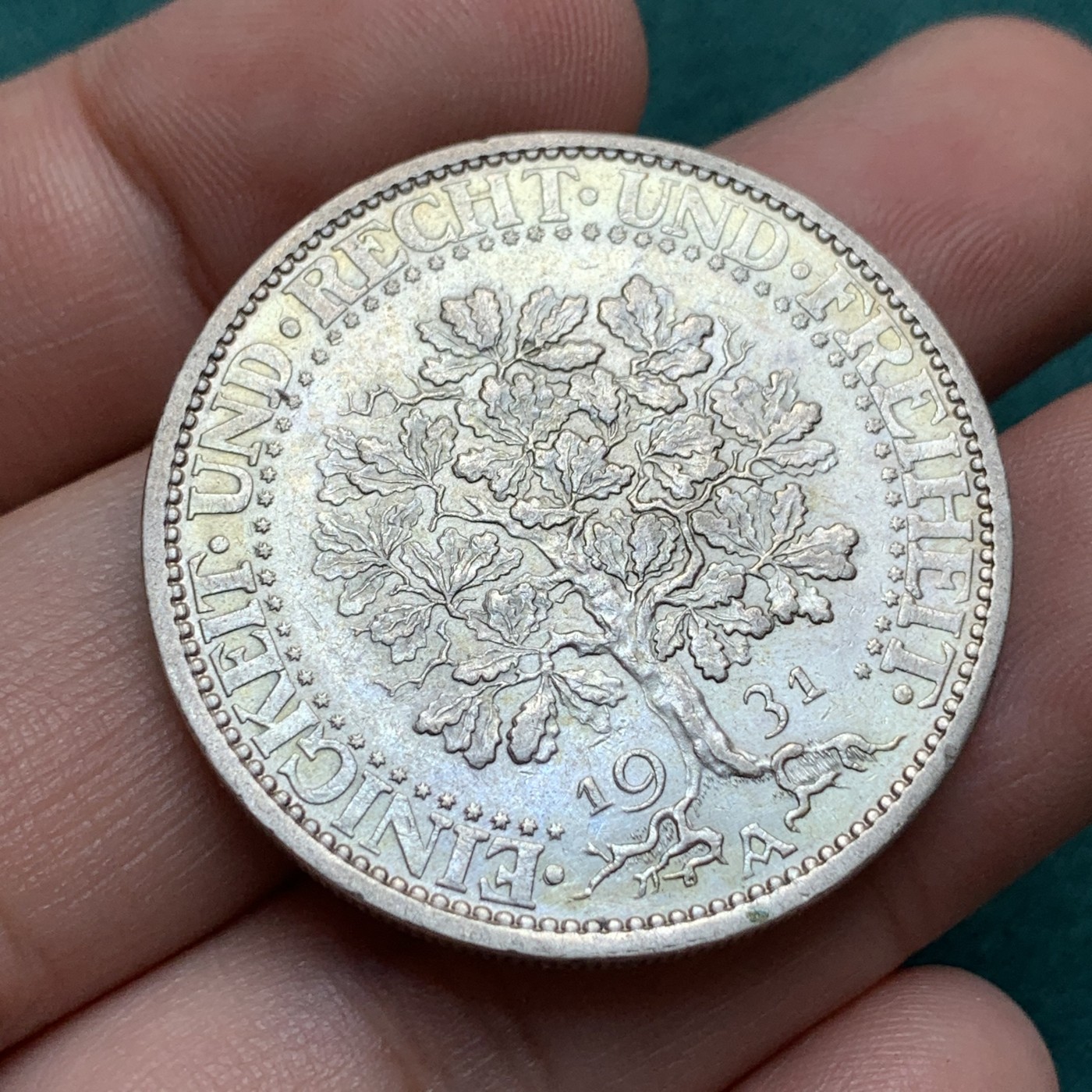 《竞宝斋》第187场-周日，周一 2场 (全场包邮) 1931-A德国魏玛共和国橡树5马克 25克大银币 细节清楚 经典设计 光泽漂亮