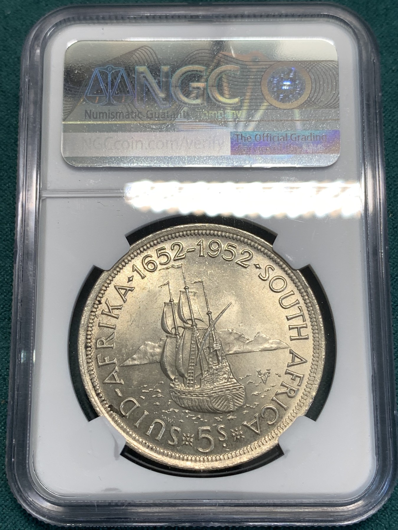 《竞宝斋》第187场-周日，周一 2场 (全场包邮) NGC MS63 南非乔治六世1952发现开普敦5先令纪念大银币