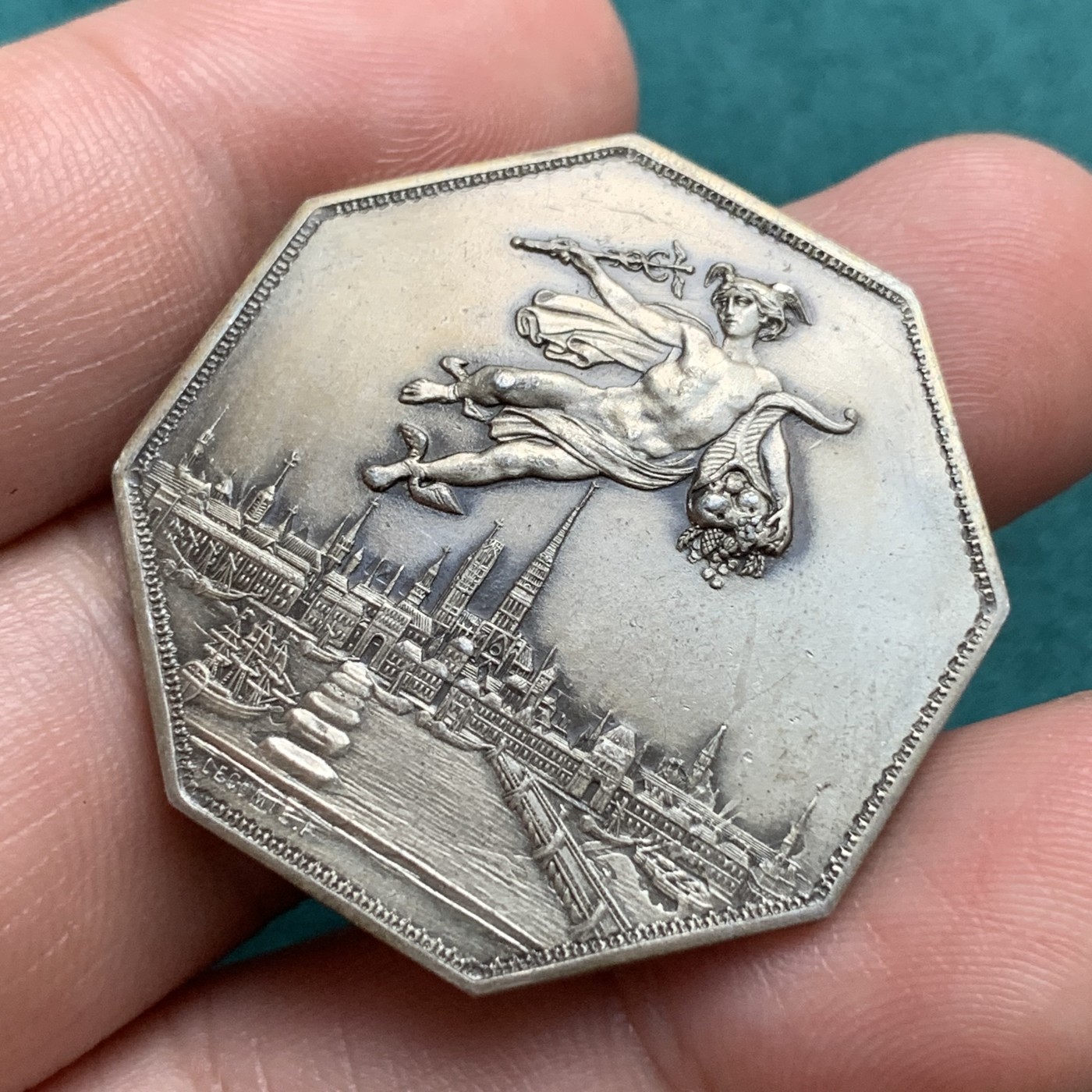 《竞宝斋》第187场-周日，周一 2场 (全场包邮) 法国 1802 鲁恩城市景观天使墨丘利八角银章，16.16g 34mm 丰饶角Argent边铭 1880-1898