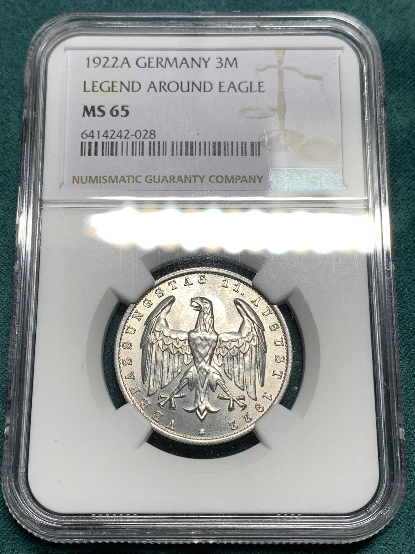 《竞宝斋》第187场-周日，周一 2场 (全场包邮) NGC MS65 德国魏玛共和国1922年3马克铝币