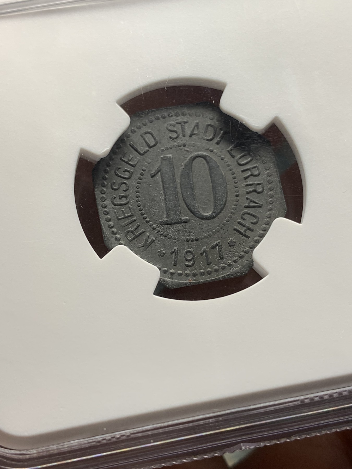 《竞宝斋》第187场-周日，周一 2场 (全场包邮) NGC MS62（冠军）德国 德紧 巴登罗拉赫10芬尼八角形锌币