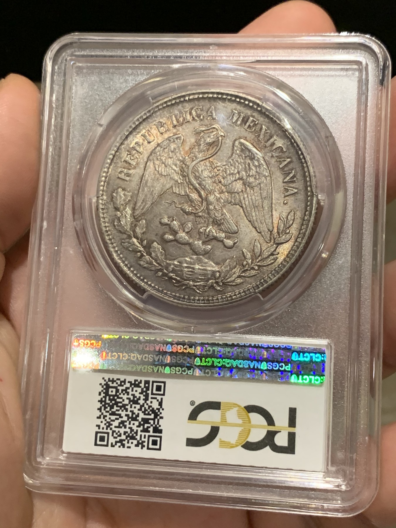 《竞宝斋》第187场-周日，周一 2场 (全场包邮) PCGS-MS63 墨西哥 鹰洋 1902 ZS FZ 1比索 鹰洋 双面紫红彩 漂亮 带十字光