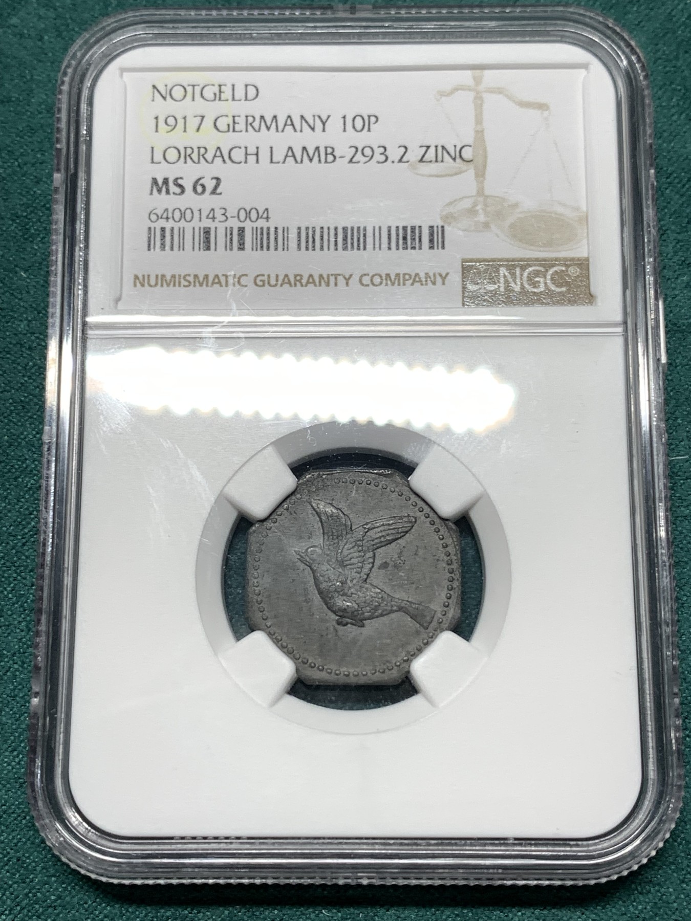 《竞宝斋》第187场-周日，周一 2场 (全场包邮) NGC MS62（冠军）德国 德紧 巴登罗拉赫10芬尼八角形锌币