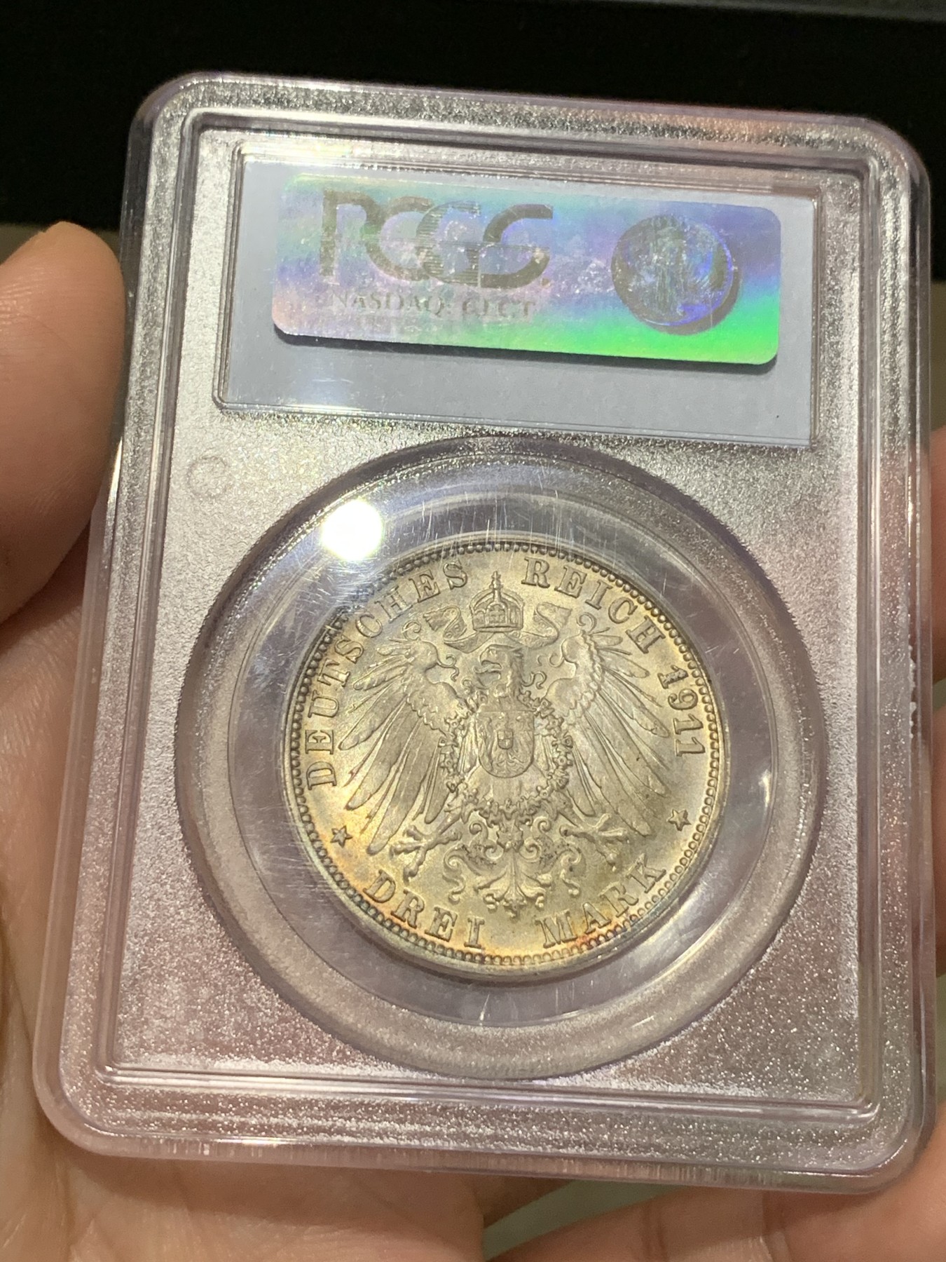 《竞宝斋》第187场-周日，周一 2场 (全场包邮) PCGS-MS66 德意志符腾堡1911F厂  国王王后金婚纪念3马克银币 顶级分数收藏级 金光底板周圈五彩