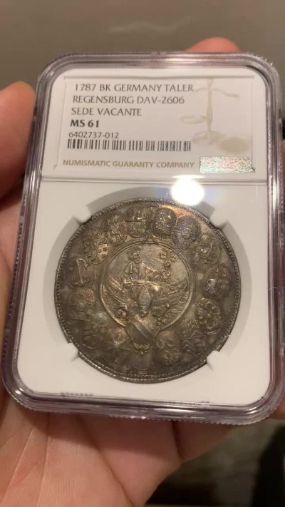 《竞宝斋》第187场-周日，周一 2场 (全场包邮) NGC MS61 德国 雷根斯堡主教区 1787BK 缺位泰勒大银 稀少单年 极致工艺 性价比支选