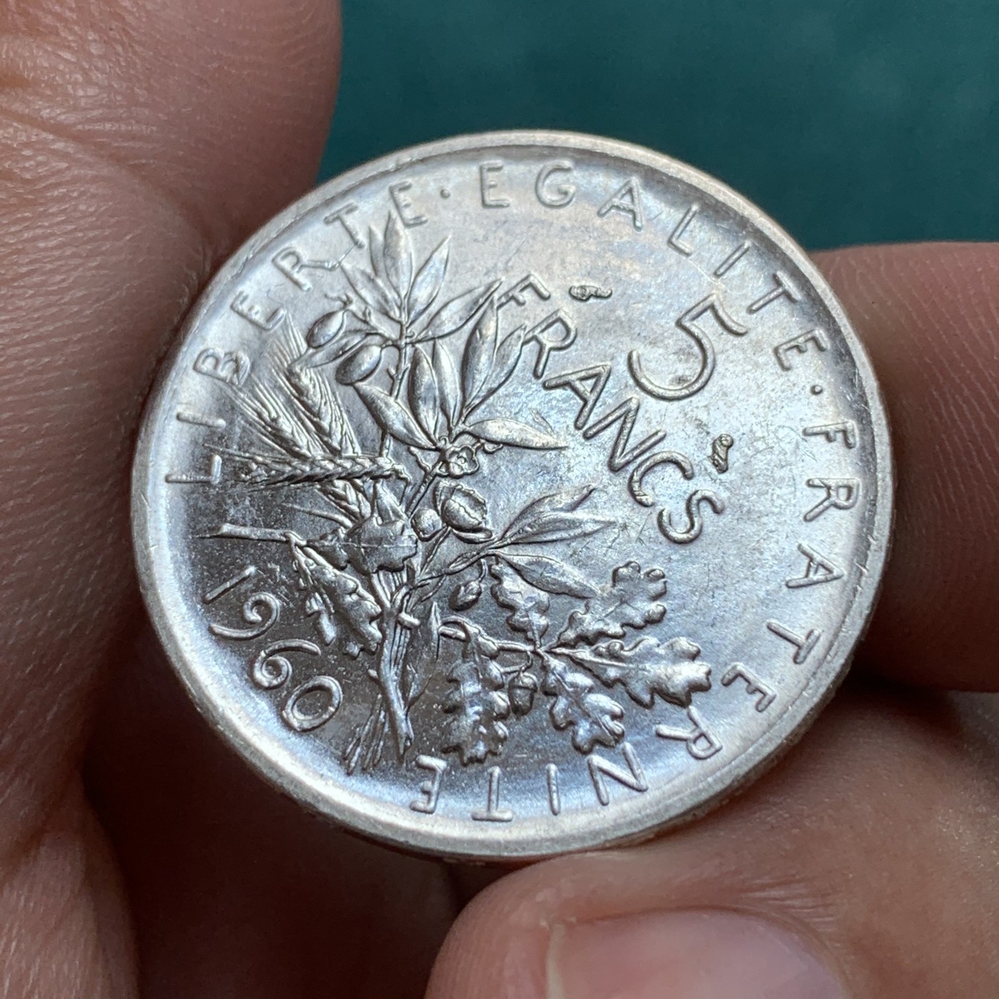 《竞宝斋》第187场-周日，周一 2场 (全场包邮) 1960年 五法郎播种女神银币，经典设计，MS级品相，光度极佳