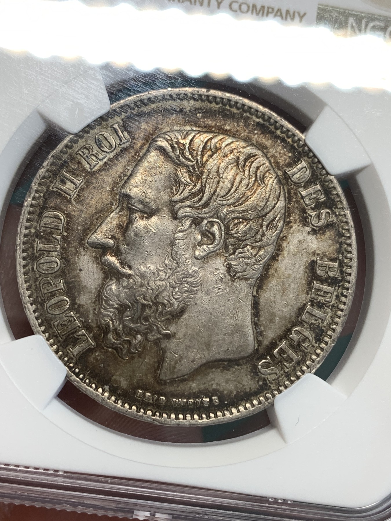 《竞宝斋》第187场-周日，周一 2场 (全场包邮) NGC AUD 比利时1869利奥波德5法郎银币 江南人家出的币 很有特色的深彩包浆