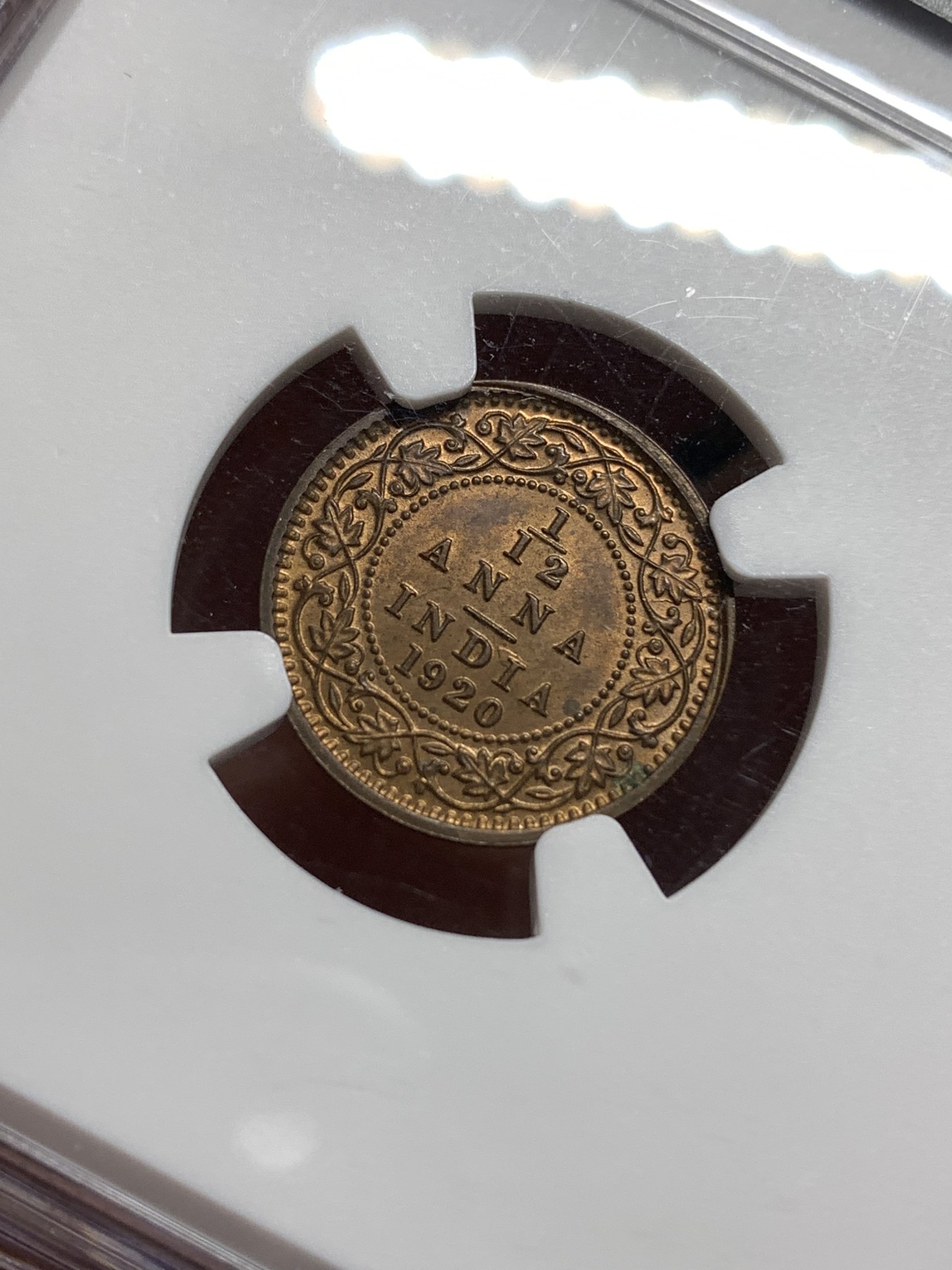 《竞宝斋》第187场-周日，周一 2场 (全场包邮) NGC-MS64RB 英属印度 乔治五世 1920年C版 1/12安娜 铜币 极品原光 完美铜币红光