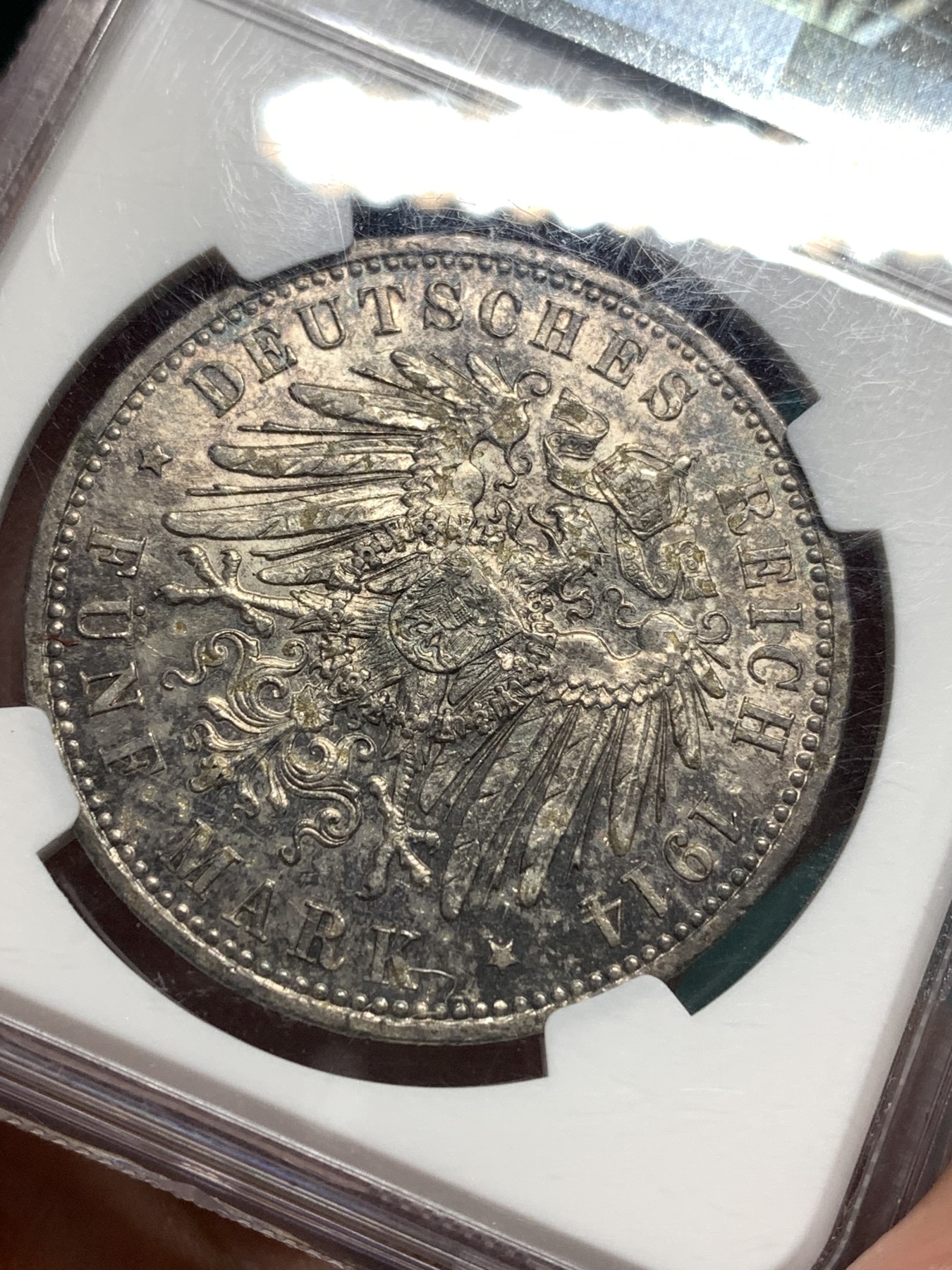 《竞宝斋》第187场-周日，周一 2场 (全场包邮) NGC-AU58 普鲁士 1914A 德国5马克 威廉二世戎装银币 双面酱彩包浆 不容易