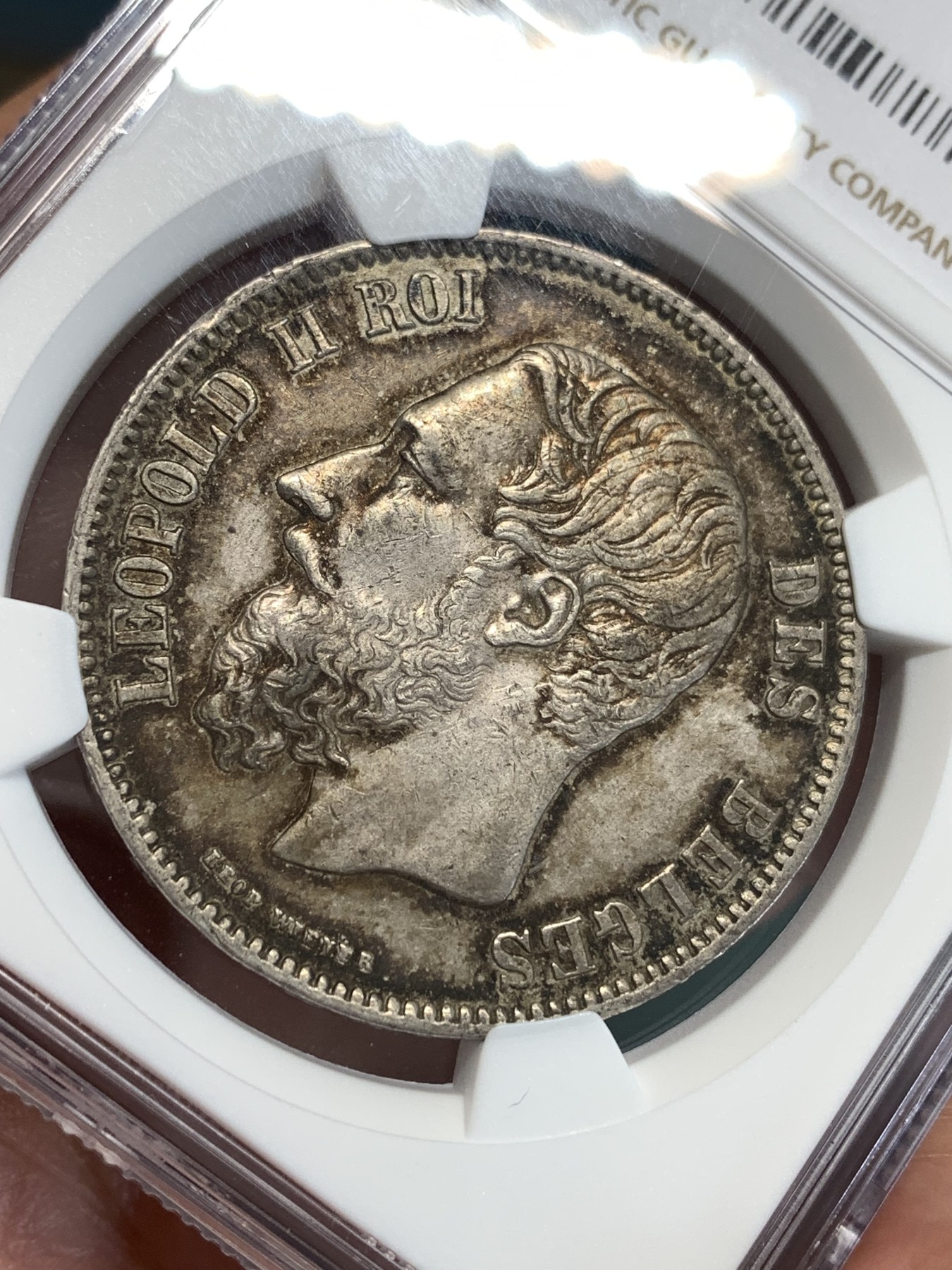 《竞宝斋》第187场-周日，周一 2场 (全场包邮) NGC AUD 比利时1869利奥波德5法郎银币 江南人家出的币 很有特色的深彩包浆