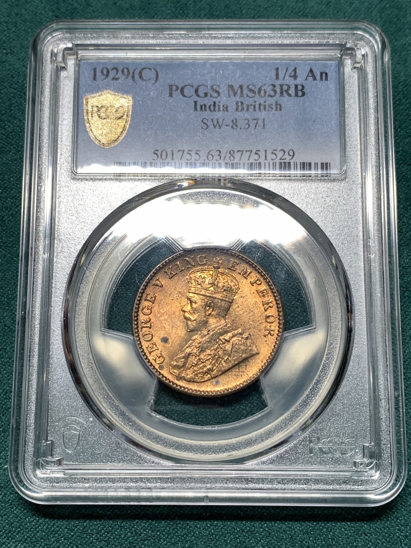 《竞宝斋》第187场-周日，周一 2场 (全场包邮) PCGS-MS63RB 英属印度1929C乔治五世1/4安娜铜币，背面可见透打。铜光带彩，光泽靓丽，状态上佳。