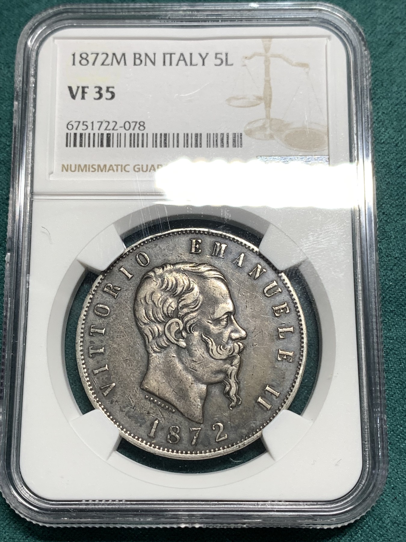 《竞宝斋》第187场-周日，周一 2场 (全场包邮) NGC VF-35意大利1872年5里拉 银币