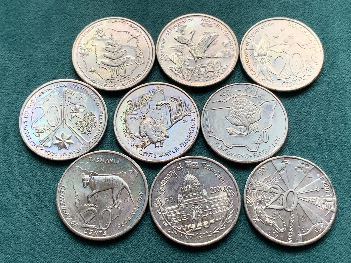 《竞宝斋》第187场-周日，周一 2场 (全场包邮) 澳大利亚2001年联邦百年纪念20分纪念币9枚