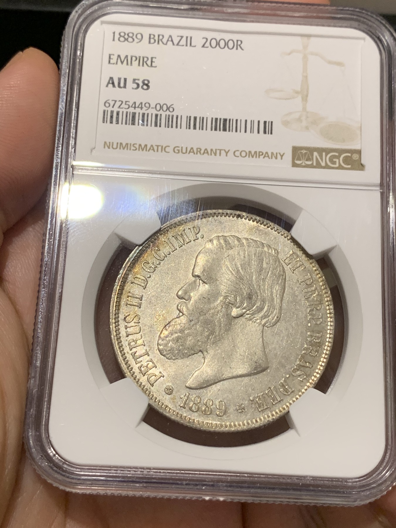 《竞宝斋》第187场-周日，周一 2场 (全场包邮) NGC-AU58 巴西帝国 1889年 2000瑞斯 银币
