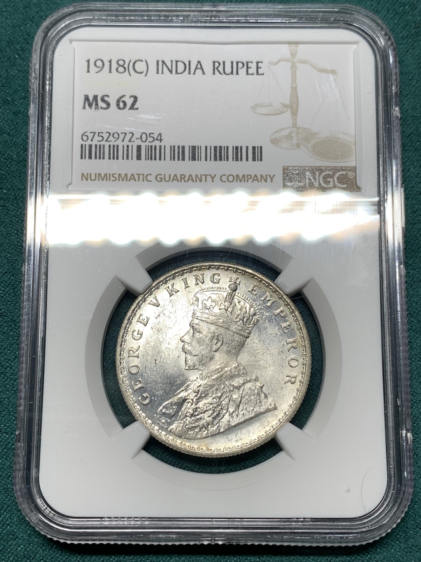 《竞宝斋》第187场-周日，周一 2场 (全场包邮) NGC MS62 印度乔五1918C 1卢比银币