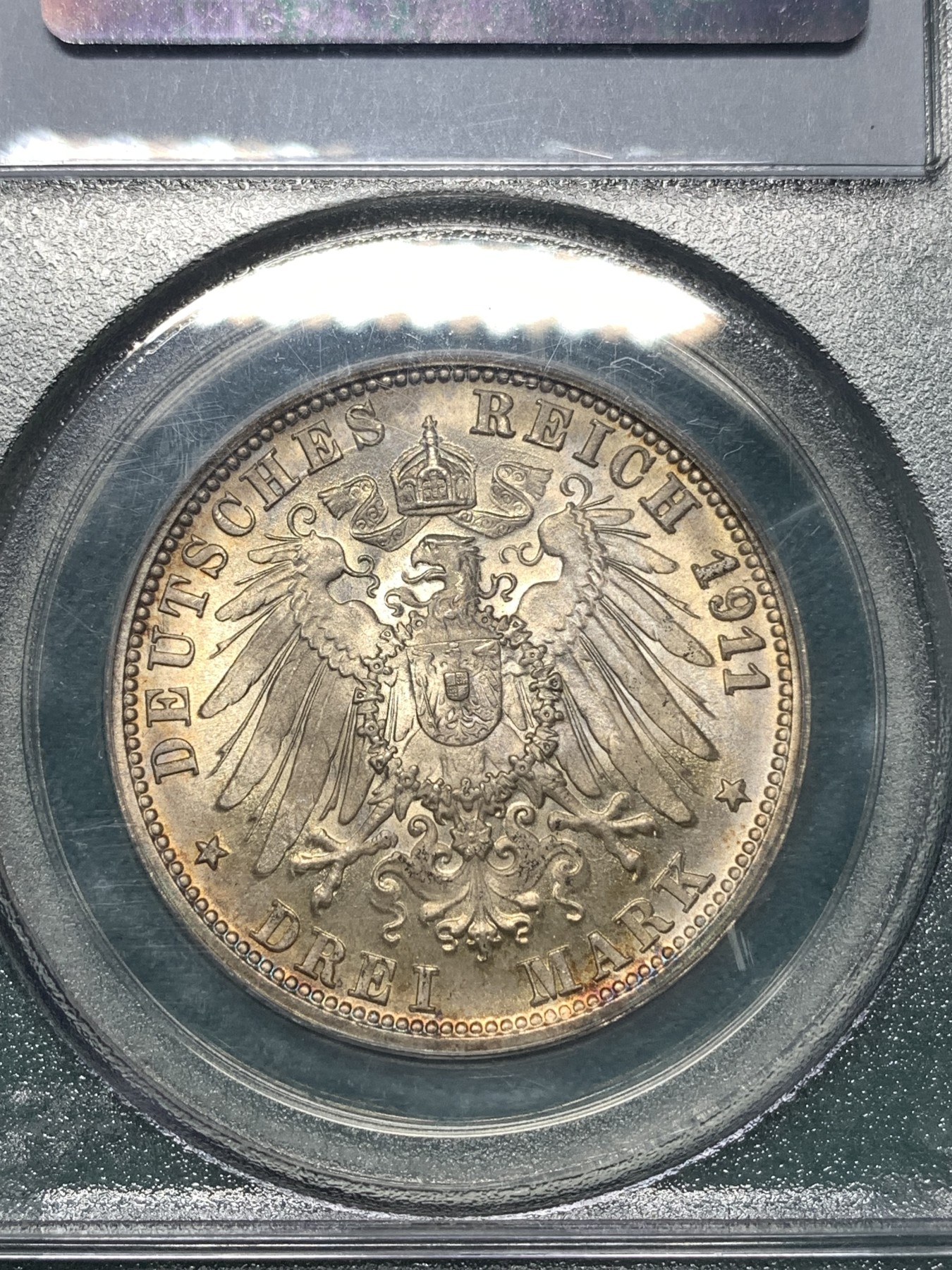 《竞宝斋》第187场-周日，周一 2场 (全场包邮) PCGS-MS66 德意志符腾堡1911F厂  国王王后金婚纪念3马克银币 顶级分数收藏级 金光底板周圈五彩