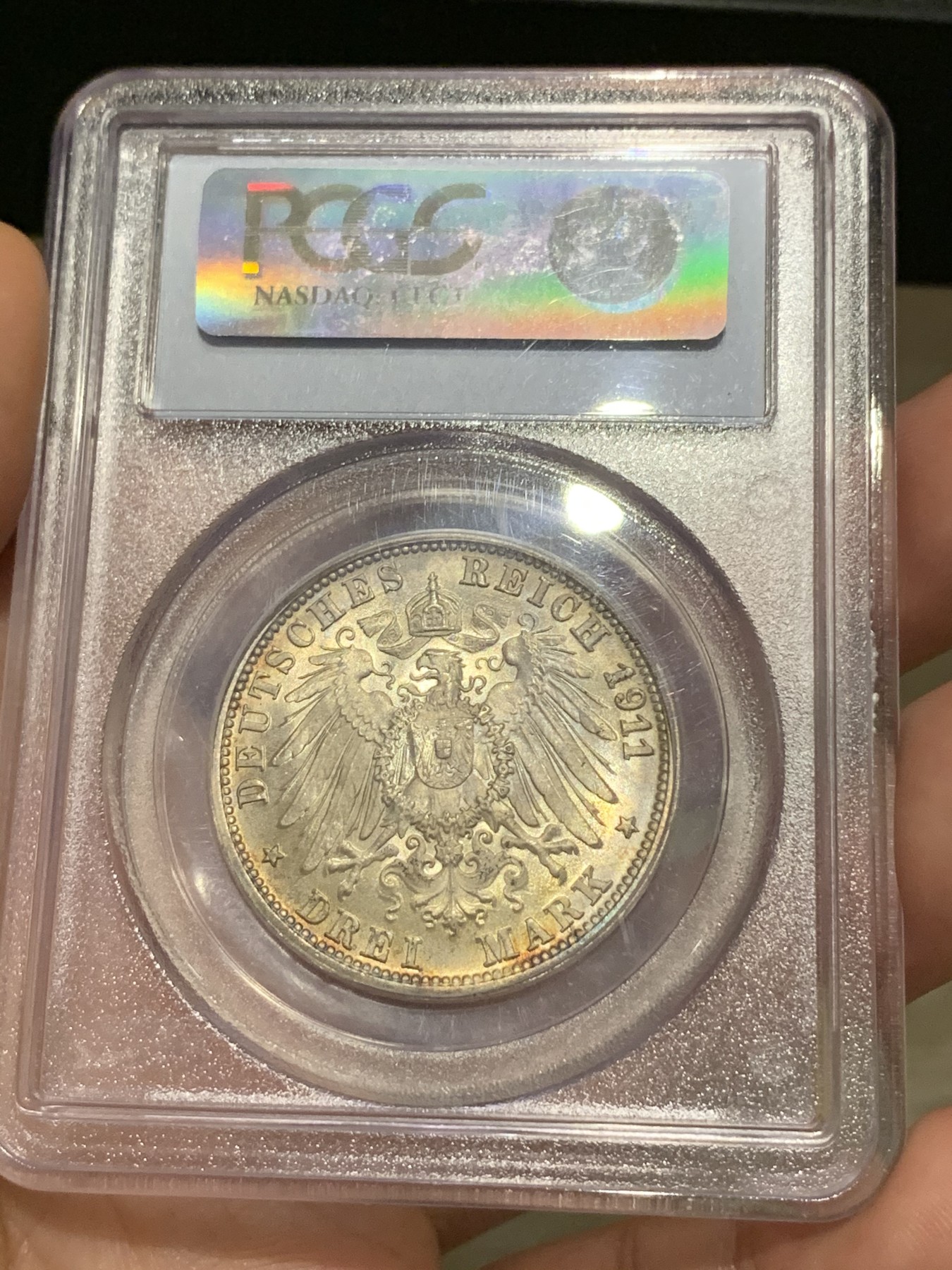 《竞宝斋》第187场-周日，周一 2场 (全场包邮) PCGS-MS66 德意志符腾堡1911F厂  国王王后金婚纪念3马克银币 顶级分数收藏级 金光底板周圈五彩