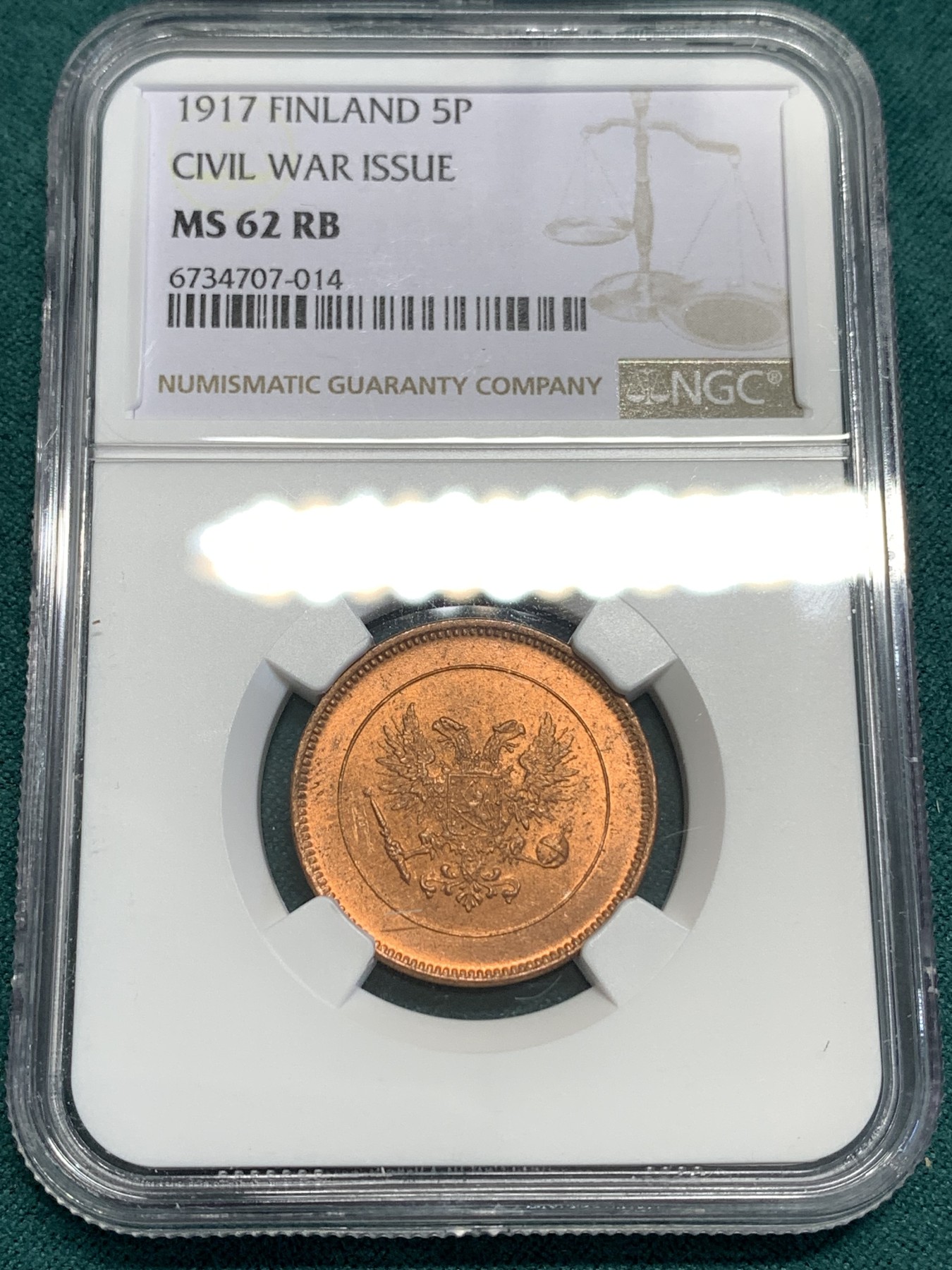 《竞宝斋》第187场-周日，周一 2场 (全场包邮) NGC MS62RB 俄占芬兰1917年克伦斯基临时政府5盆尼铜币