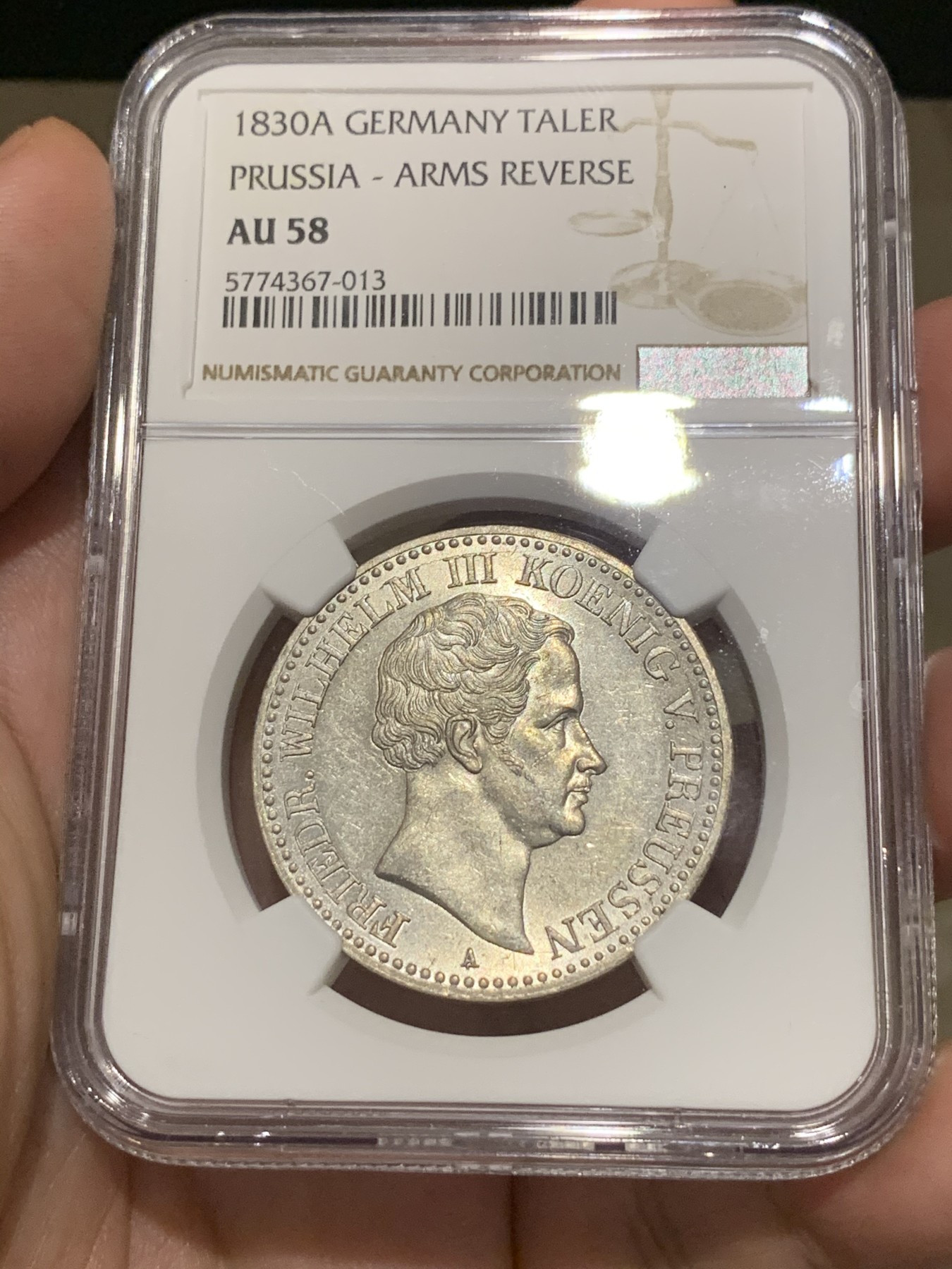 《竞宝斋》第187场-周日，周一 2场 (全场包邮) NGC-AU58 德国1830年 普鲁士泰勒 流通版盾徽泰勒，不多见的品种，背面品相尤其好，有ms水平