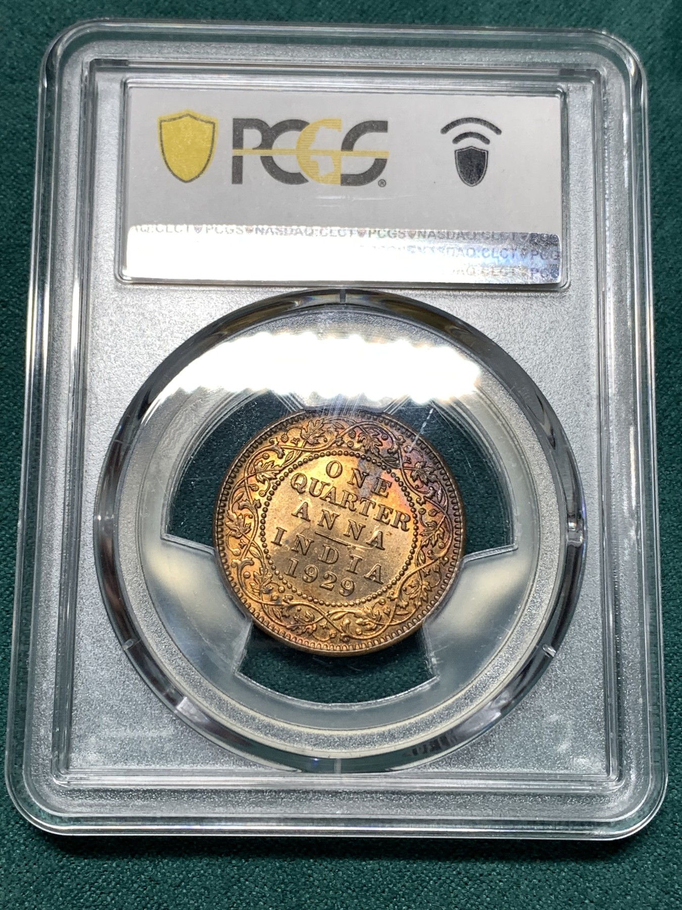 《竞宝斋》第187场-周日，周一 2场 (全场包邮) PCGS-MS63RB 英属印度1929C乔治五世1/4安娜铜币，背面可见透打。铜光带彩，光泽靓丽，状态上佳。