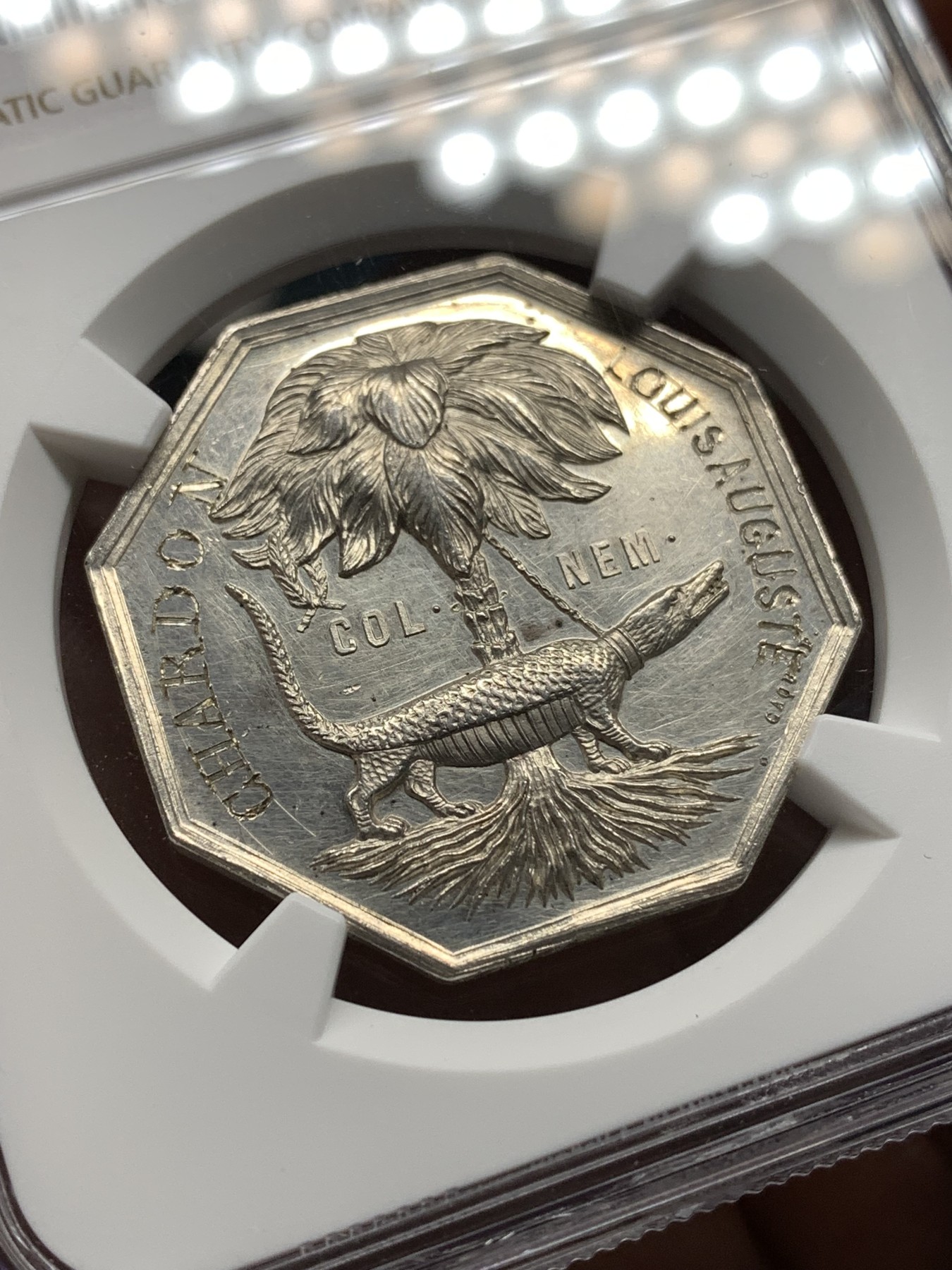 《竞宝斋》第187场-周日，周一 2场 (全场包邮) NGC UNC 法国 经典鳄鱼 1898 银质八角代币 状态好 光度好