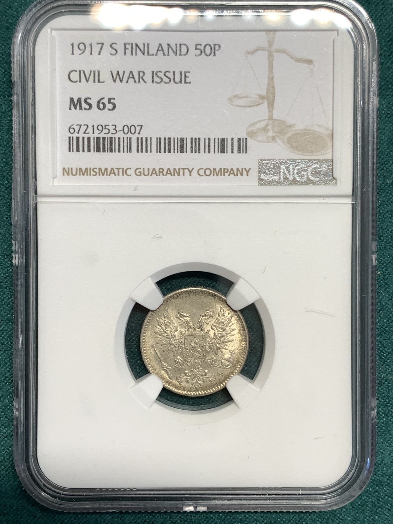 《竞宝斋》第187场-周日，周一 2场 (全场包邮) NGC MS65 俄占芬兰1917年克伦斯基临时政府50盆尼小银币，高分不易