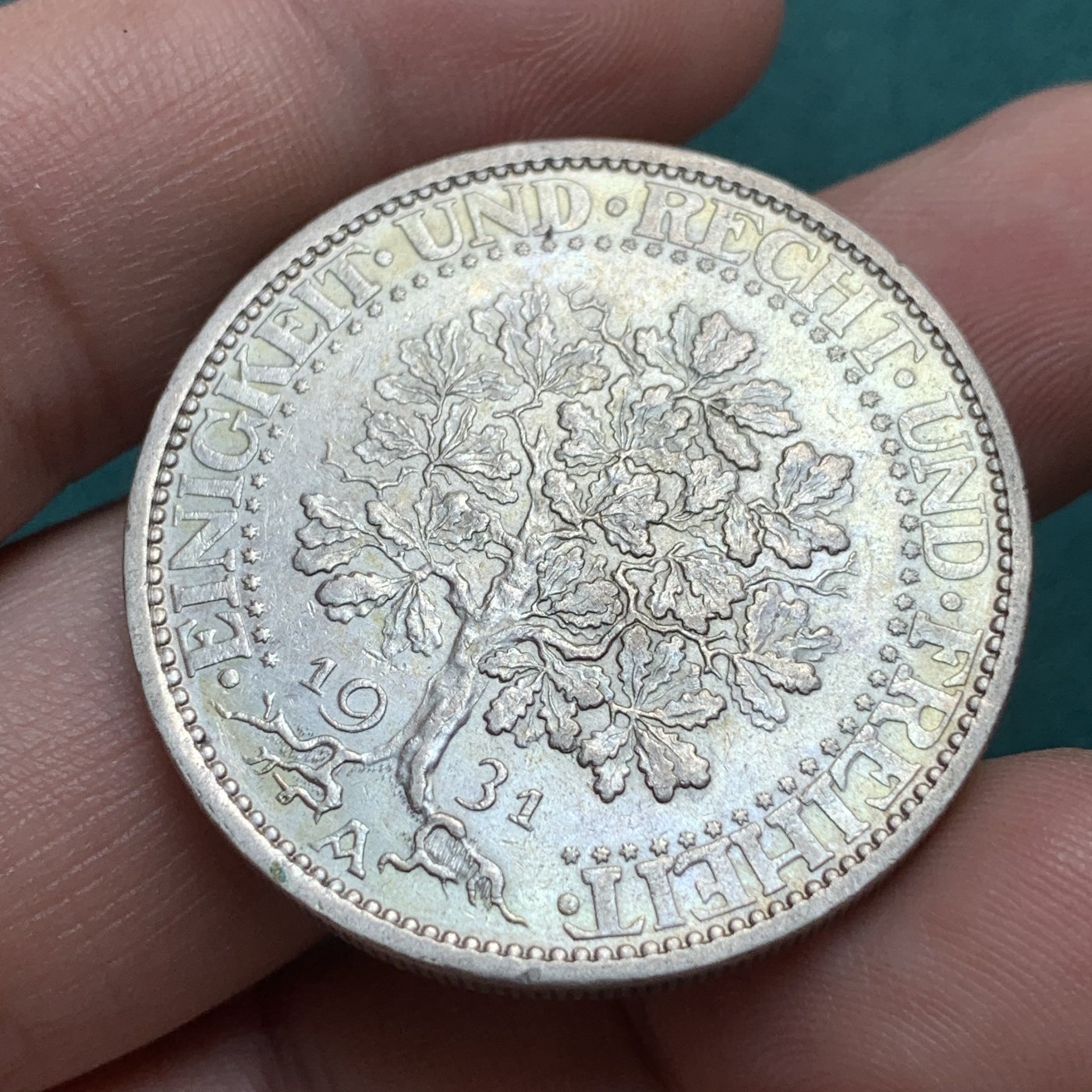 《竞宝斋》第187场-周日，周一 2场 (全场包邮) 1931-A德国魏玛共和国橡树5马克 25克大银币 细节清楚 经典设计 光泽漂亮