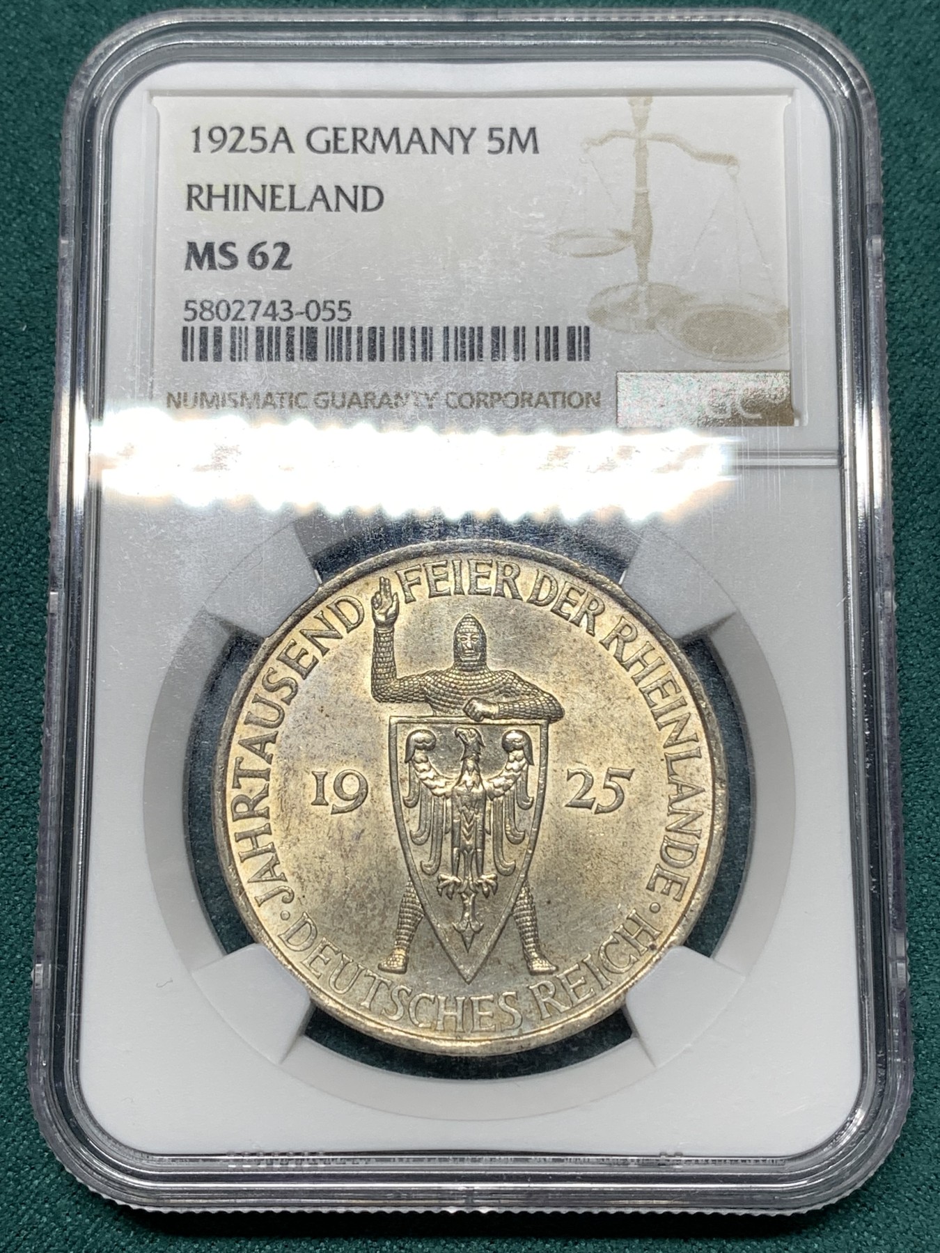 《竞宝斋》第187场-周日，周一 2场 (全场包邮) NGC-MS62  德意志1925A 莱茵联盟千年5马克银币 锁子甲武士持盾牌 细节清晰 淡金色包浆