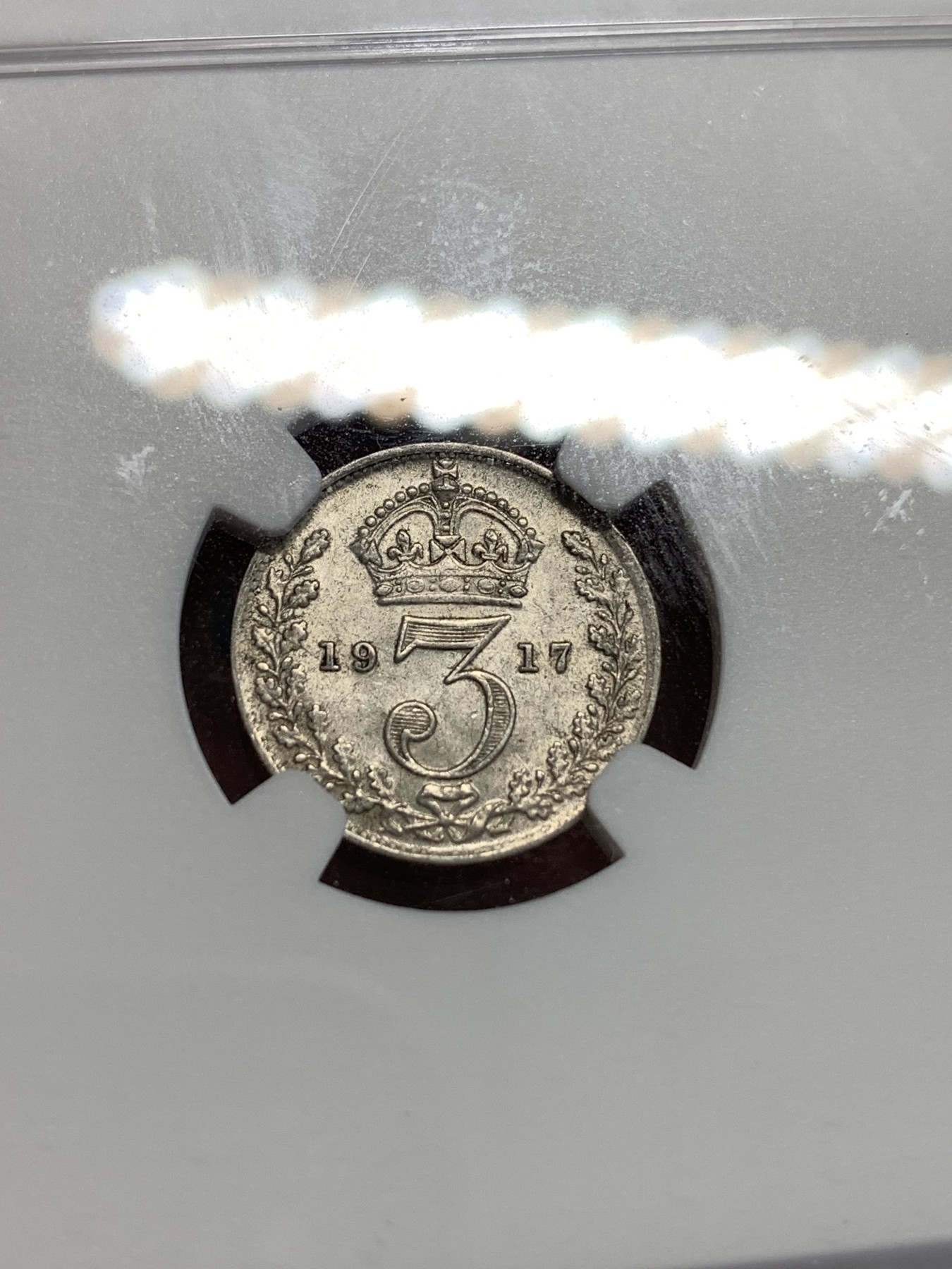 《竞宝斋》第187场-周日，周一 2场 (全场包邮) NGC-AU58 英国 1917年 乔治五世925高银版3便士银币