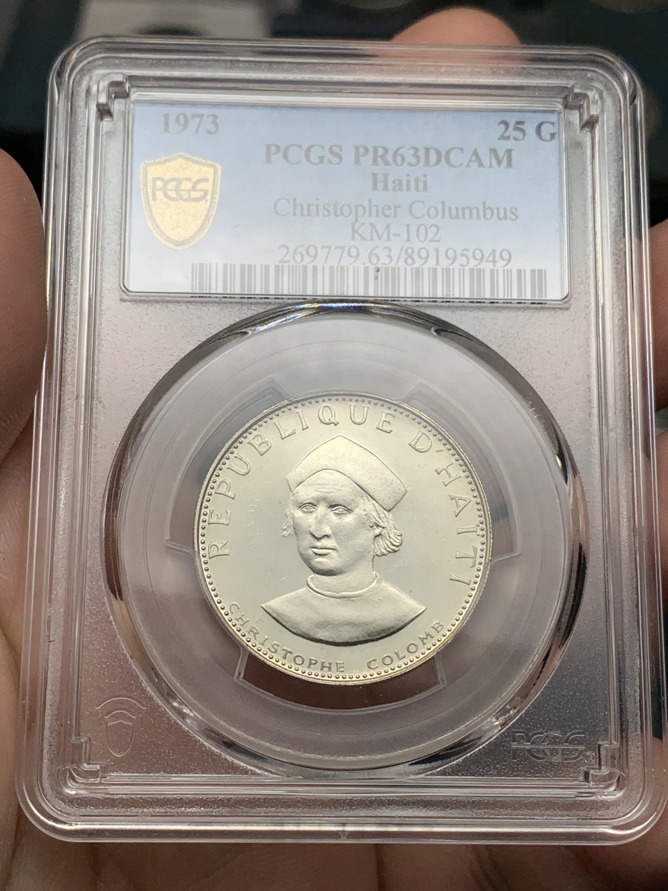 《竞宝斋》第187场-周日，周一 2场 (全场包邮) PCGS-PR63DCAM 海地 1973年 哥伦布 25G 精致银币