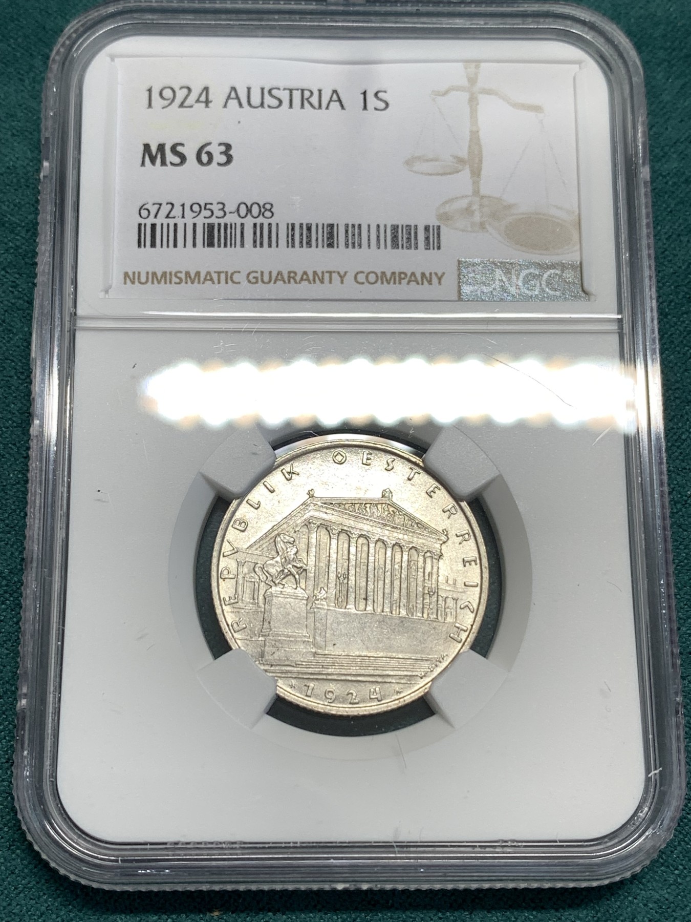 《竞宝斋》第187场-周日，周一 2场 (全场包邮) NGC MS63 奥地利1924年议会大厦1先令银币