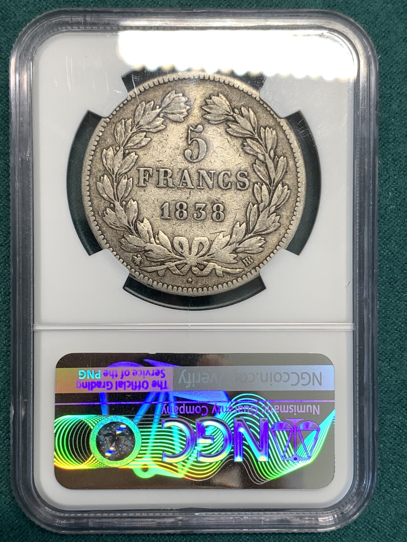 《竞宝斋》第187场-周日，周一 2场 (全场包邮) NGC XF45 法国1838年BB版菲利普5法郎银币 老包浆老味道