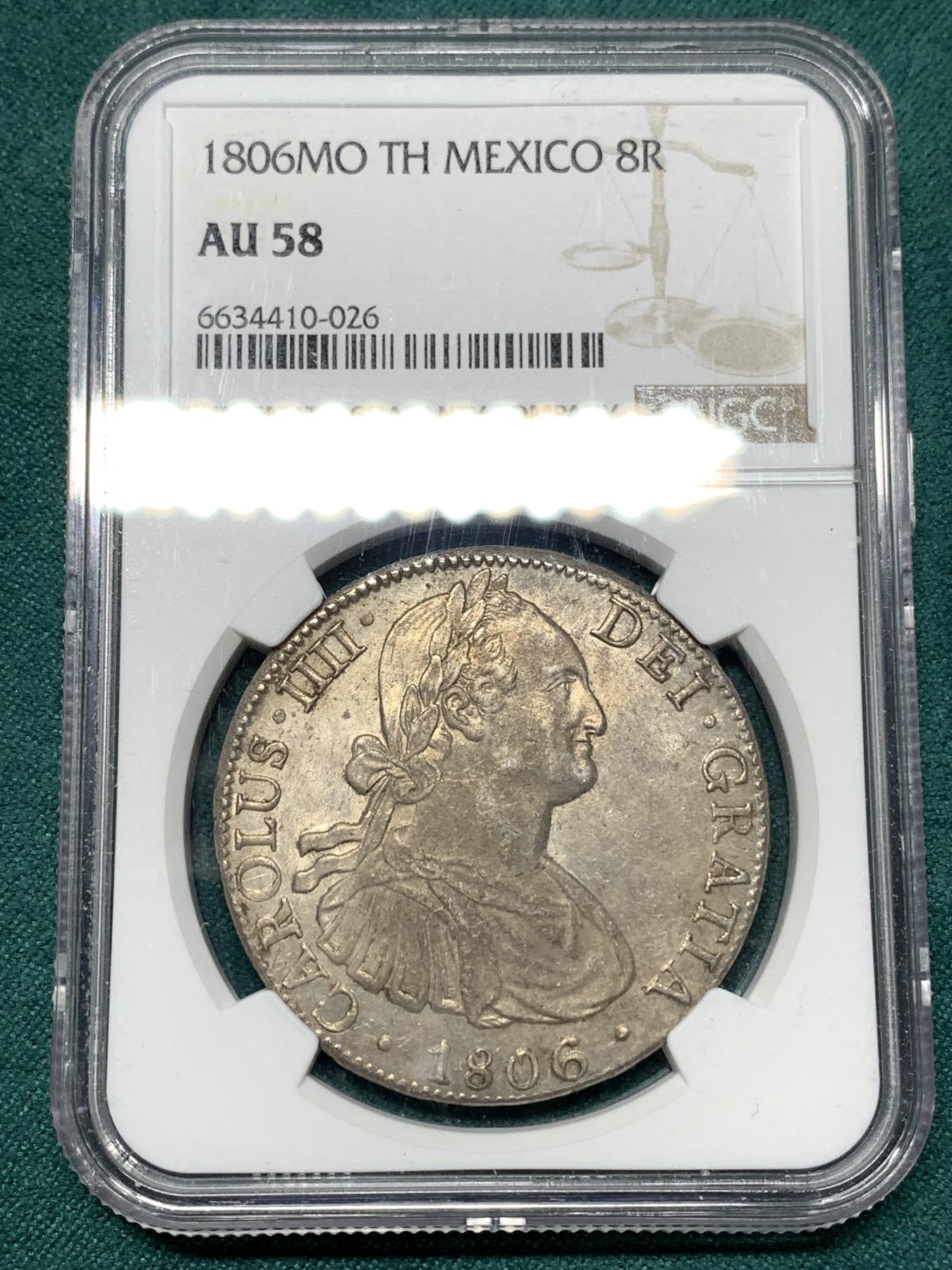 《竞宝斋》第187场-周日，周一 2场 (全场包邮) NGC AU58 墨西哥 1806MO 卡四 8R双柱大银币