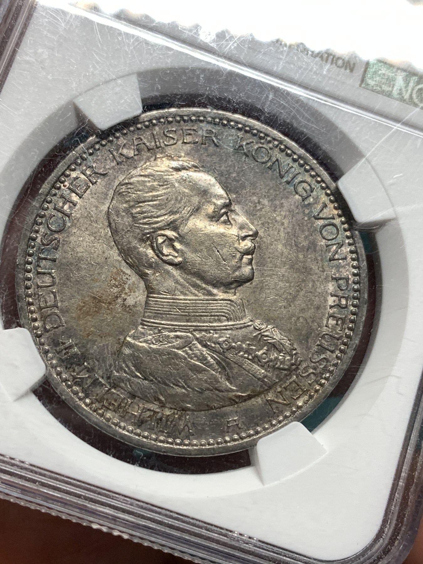 《竞宝斋》第187场-周日，周一 2场 (全场包邮) NGC-AU58 普鲁士 1914A 德国5马克 威廉二世戎装银币 双面酱彩包浆 不容易