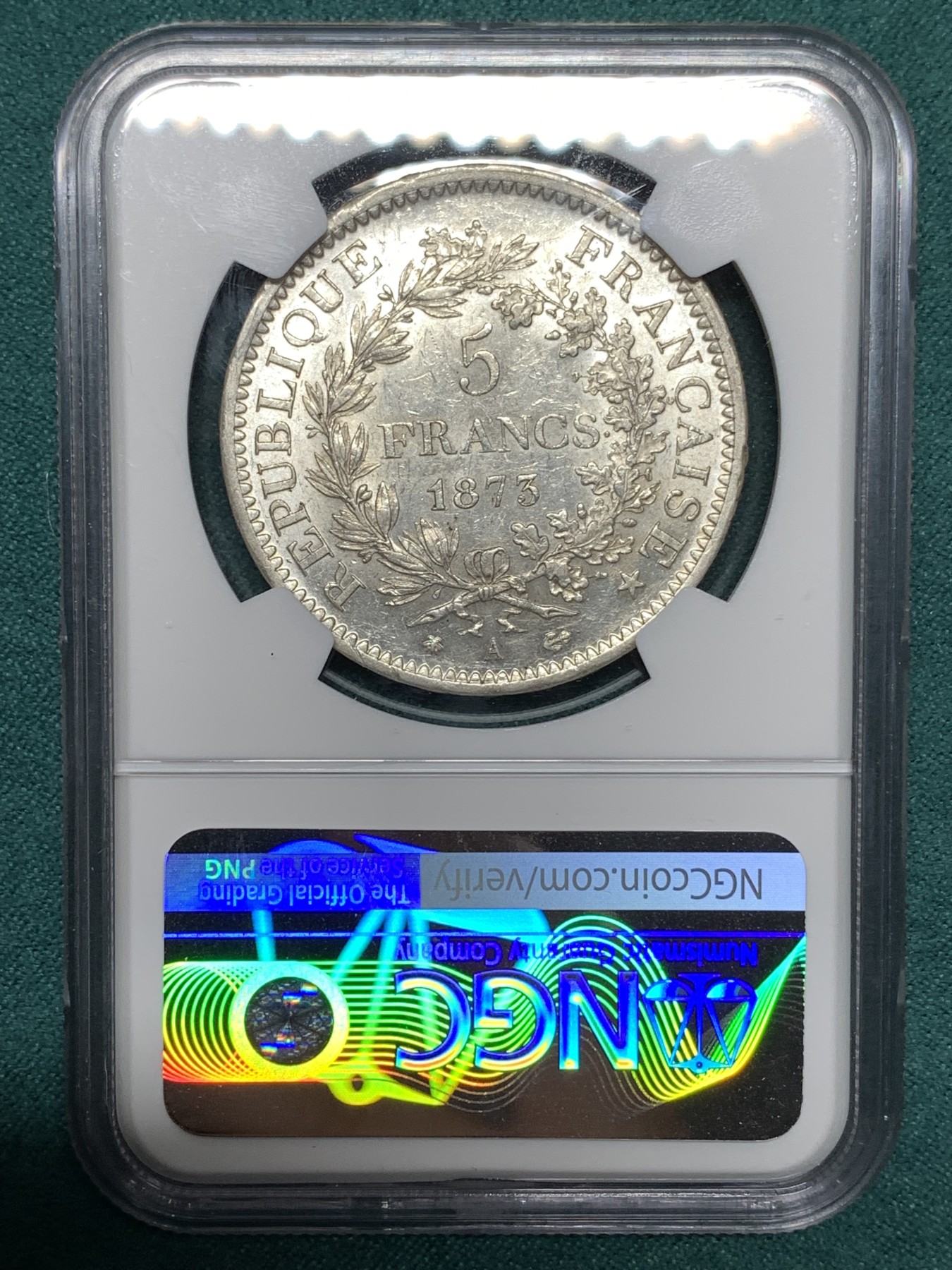 《竞宝斋》第187场-周日，周一 2场 (全场包邮) NGC-AU58 法国 1873年 大力神5法郎银币